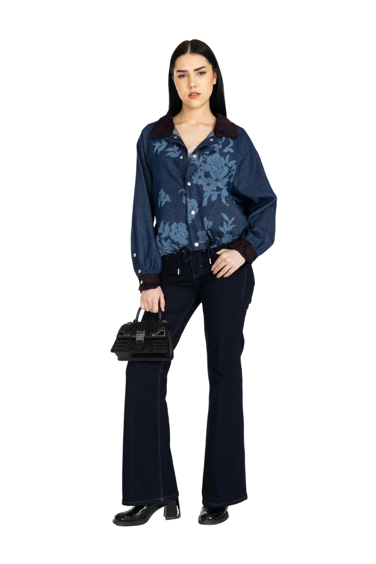 Denim Moon women's dark blue floral-print denim shirt with snap front and drawstring hem, full-length front view on model.