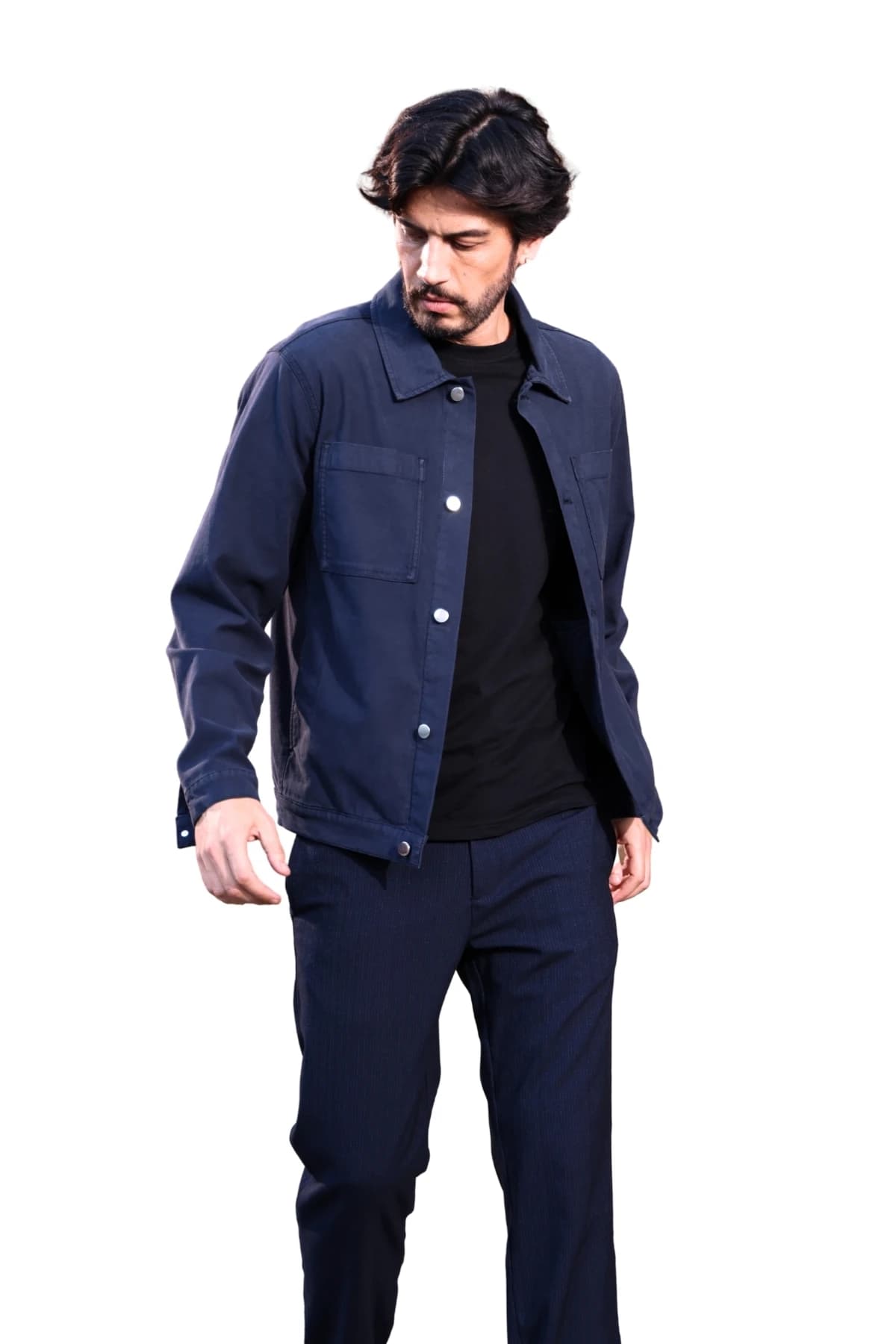 Denim Moon men's navy denim shacket with open snap front and chest pockets, front view on model.