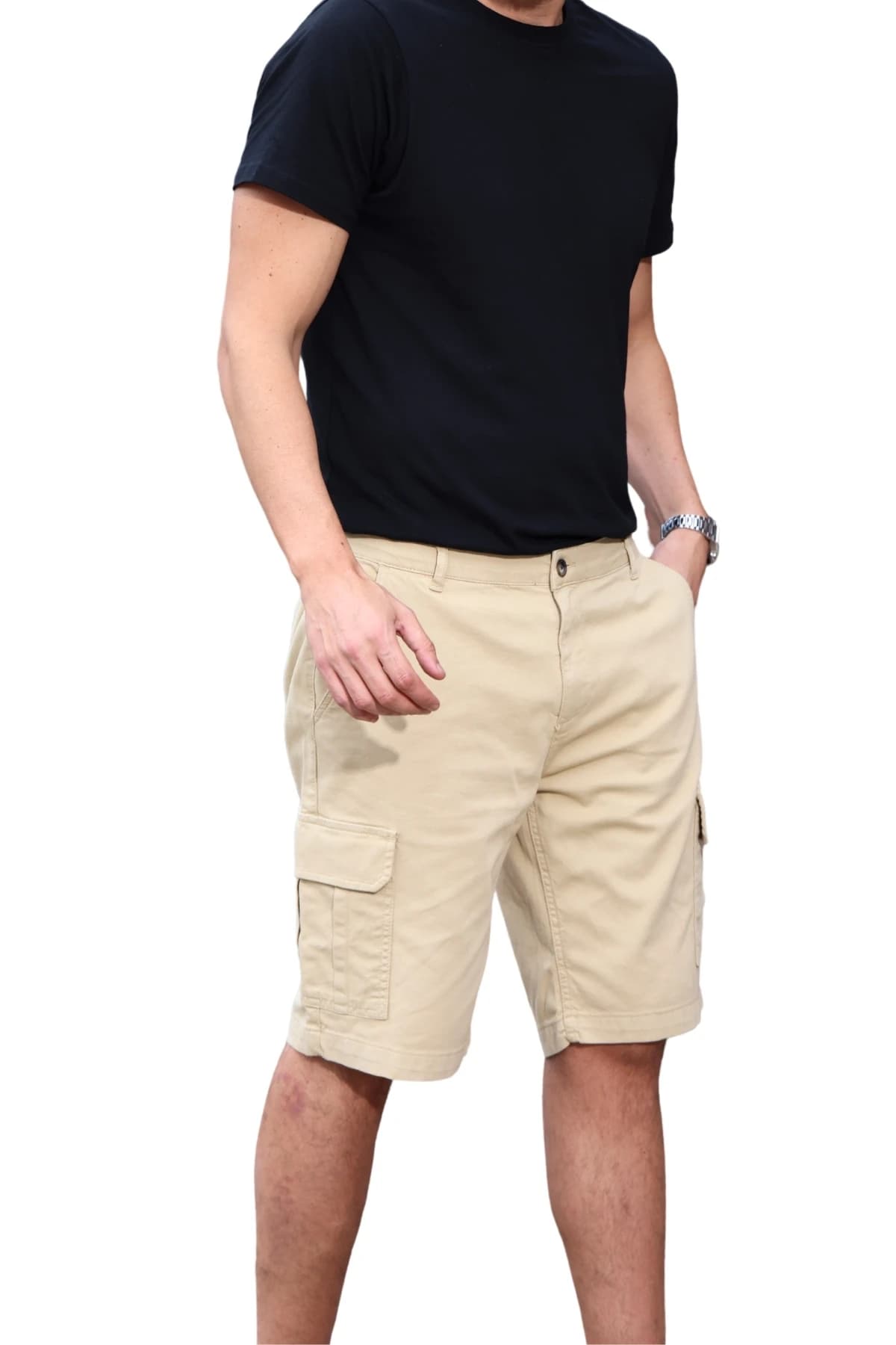 Denim Moon men's beige woven cargo shorts with side cargo pocket detail, close-up side view on model.