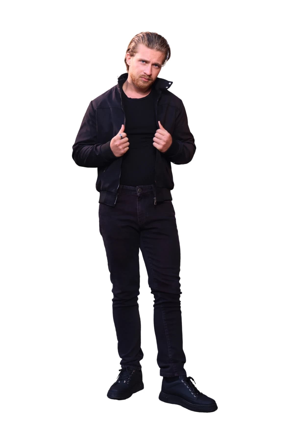 Denim Moon men's black woven jacket with stand collar and zip front, full-length front view on model.