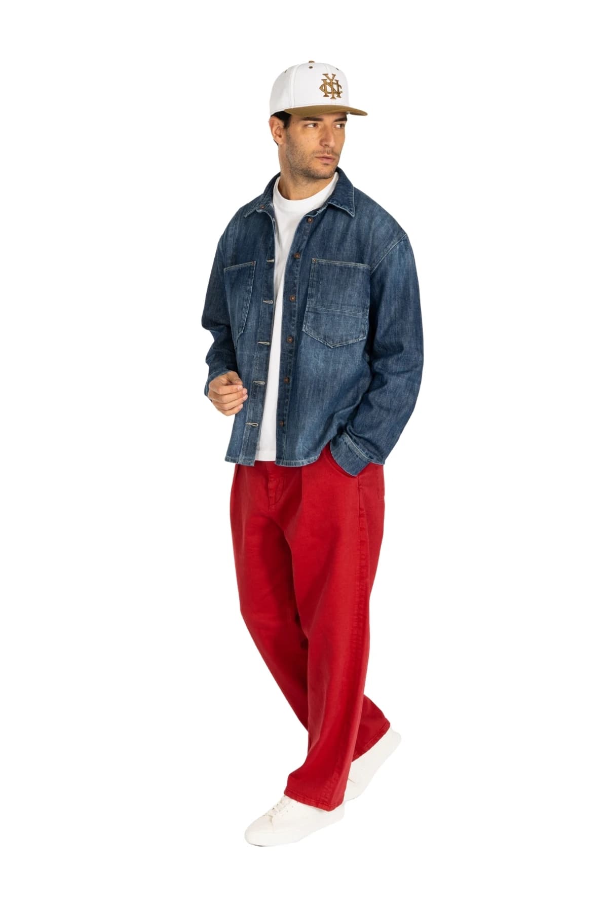 Denim Moon men's dark blue washed denim shirt with a relaxed oversized fit, angled front view on model.