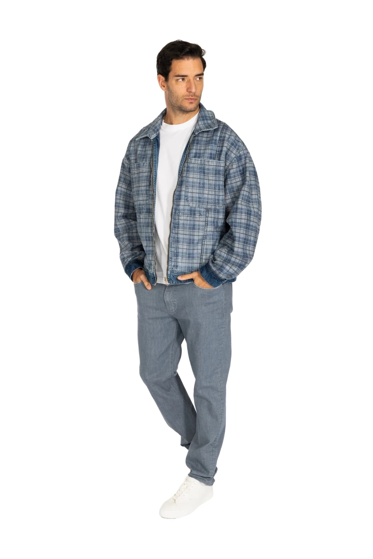 Denim Moon men's blue plaid denim jacket worn open over a white T-shirt, angled front view on model.