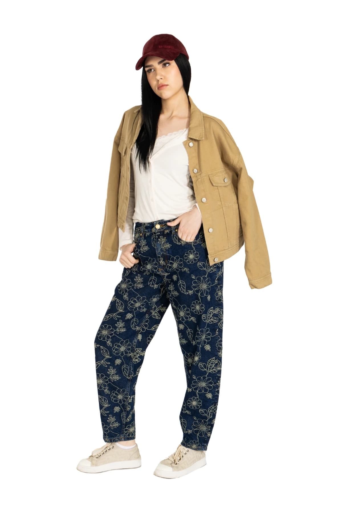 Denim Moon women's camel oversized woven jacket with dropped shoulders and studded sleeves, full-length three-quarter front view on model.