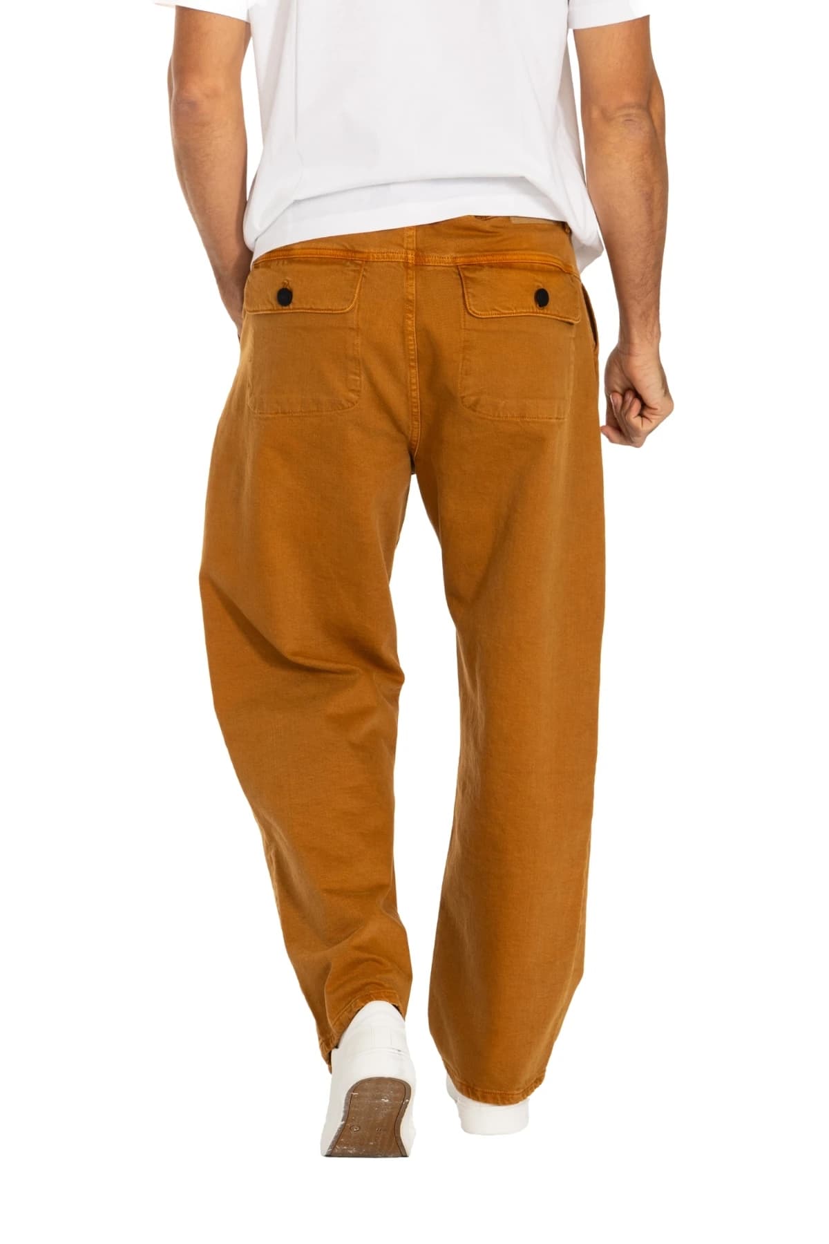 Denim Moon men's tobacco pleated relaxed-fit denim trousers, back close-up of buttoned flap pockets.
