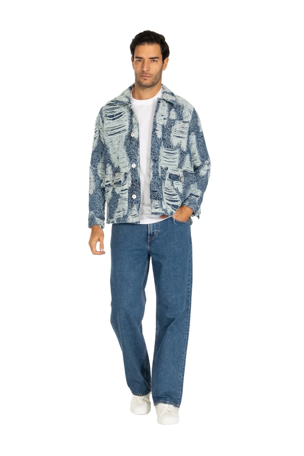 Denim Moon men's blue paisley denim shirt with heavy distressing and a button front, front view on model.