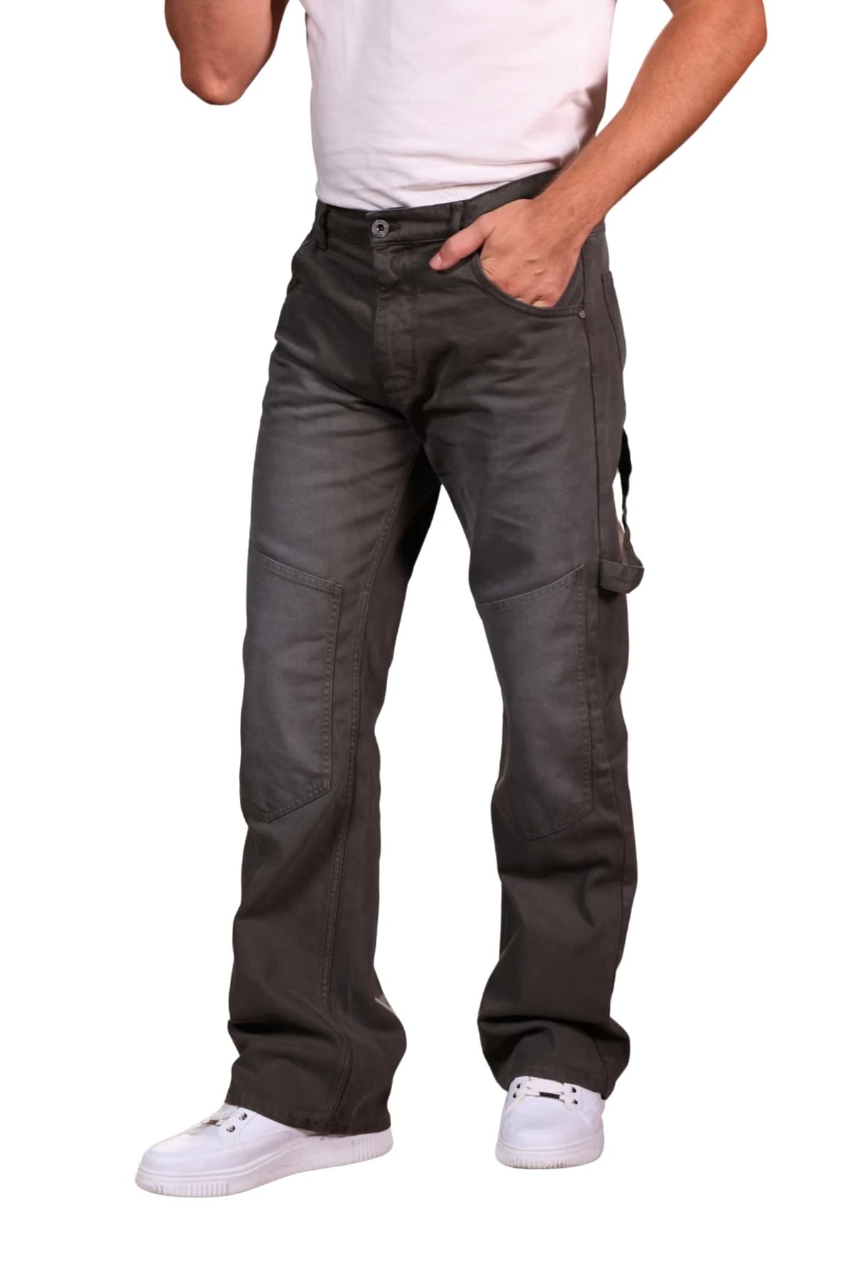 Denim Moon men's charcoal straight-leg carpenter denim trousers with knee panels and side loop, front view on model.