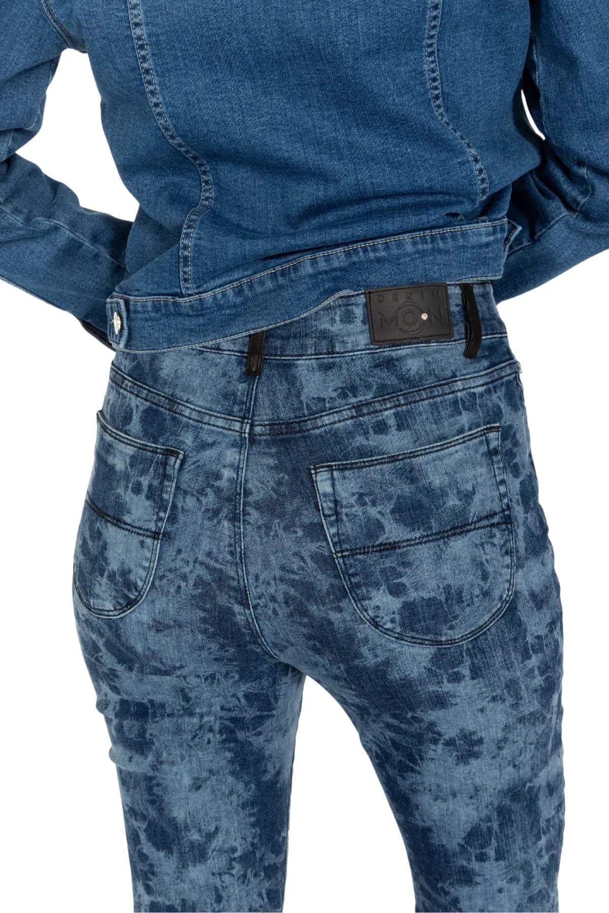 Denim Moon women's mid blue classic denim jacket, back close-up of button-adjust waistband.