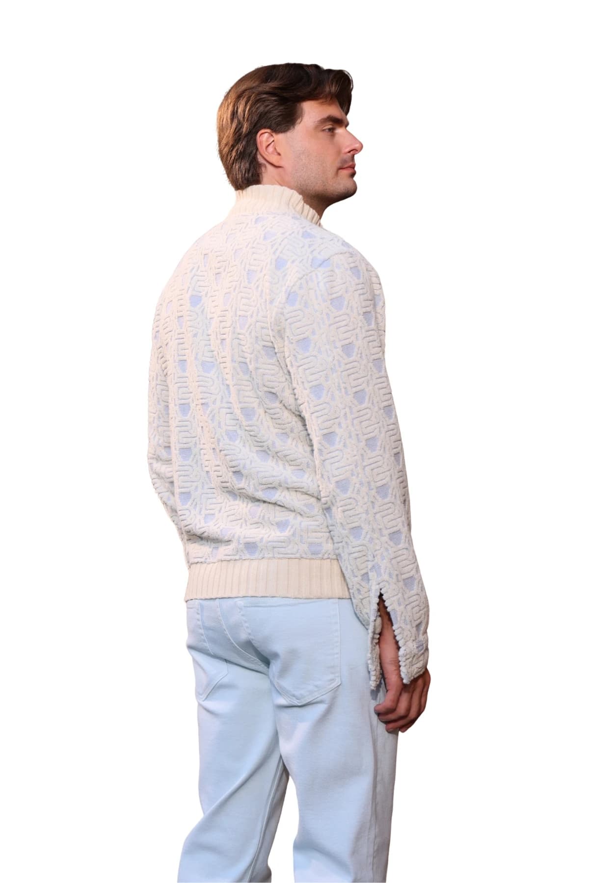 Denim Moon men's ice blue straight-leg woven trousers with back pockets, three-quarter back view on model.