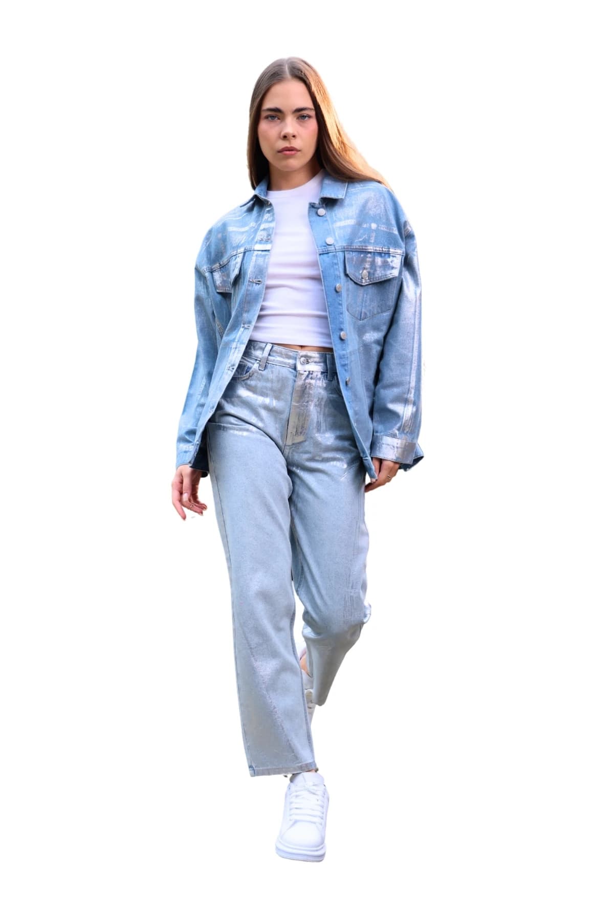 Denim Moon women's blue denim jacket with silver metallic coating worn open over a white T-shirt, full-length front view on model.