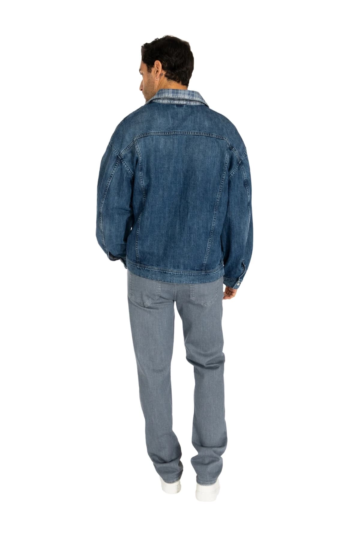 Denim Moon men's blue denim jacket with dropped shoulders and a wide cut, back view on model.