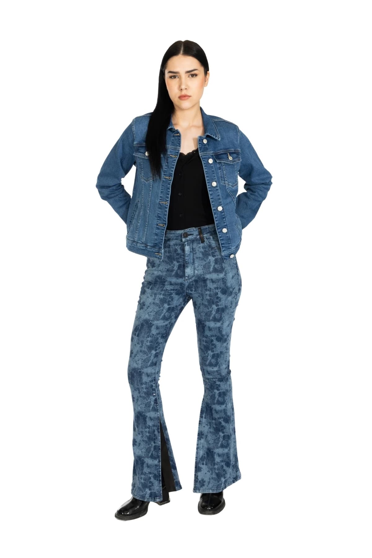 Denim Moon women's mid blue classic denim jacket with flap chest pockets and metal buttons, full-length front view on model.