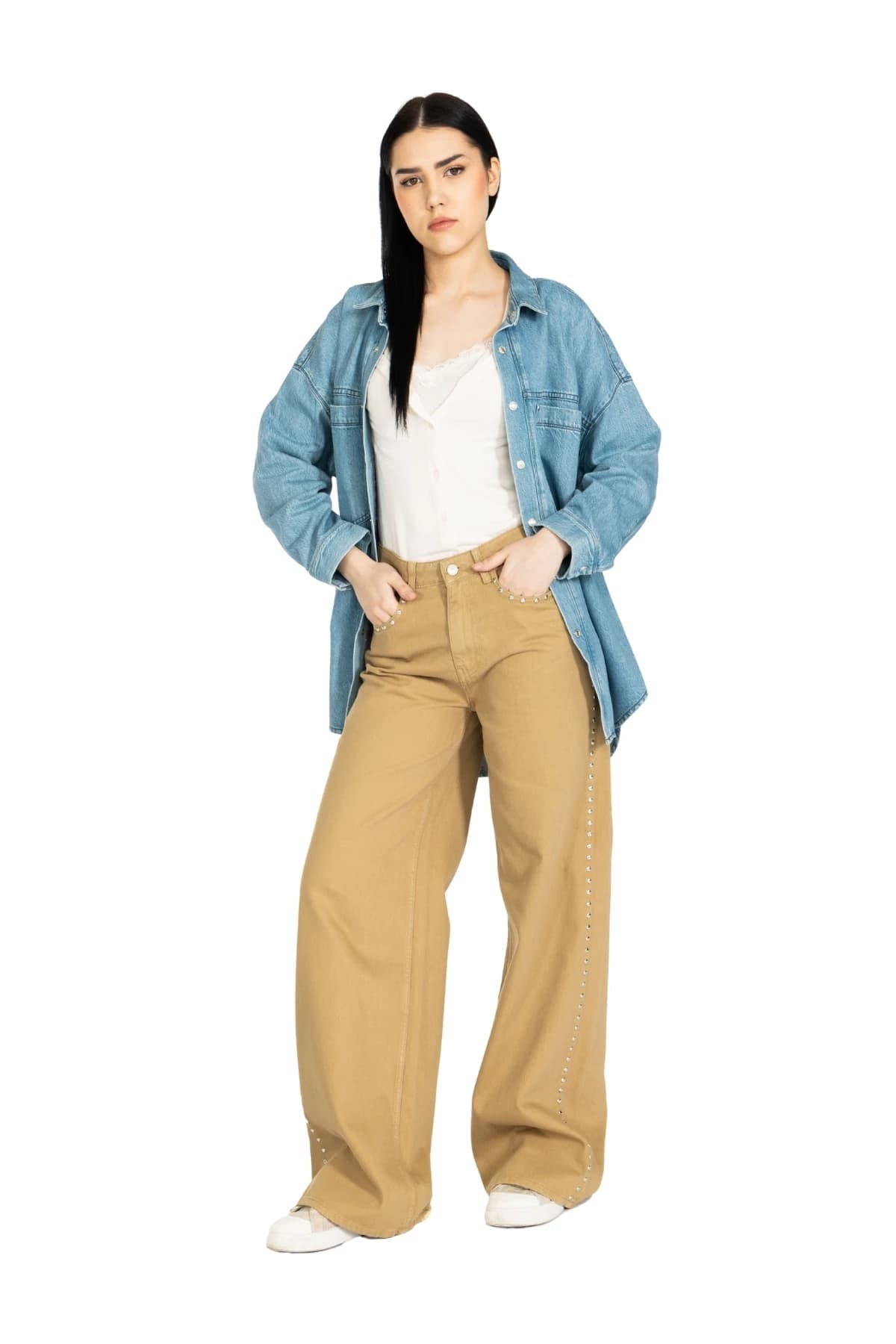 Denim Moon women's mid blue oversized denim shirt with flap chest pockets, full-length front view on model.