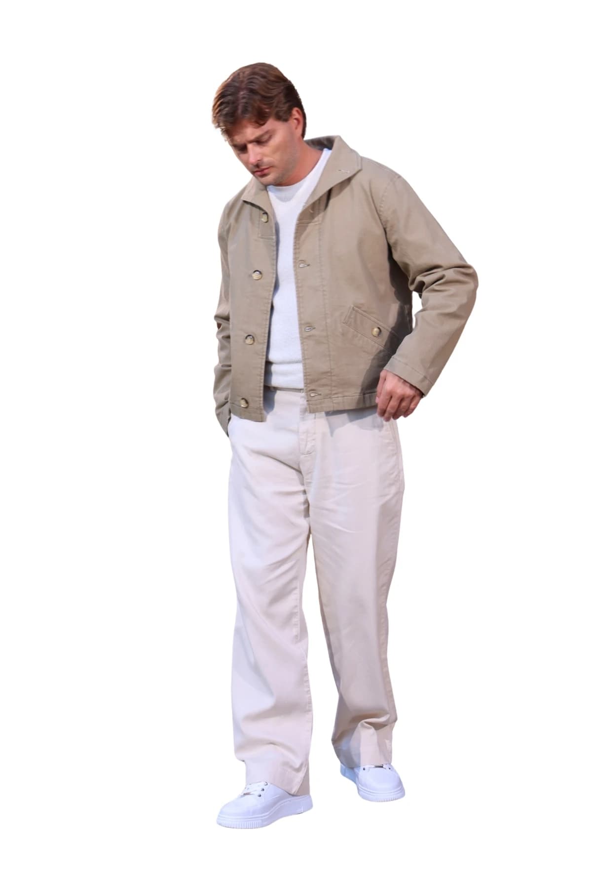 Denim Moon men's khaki cropped woven jacket with high collar and pocket details, full-length front view on model.