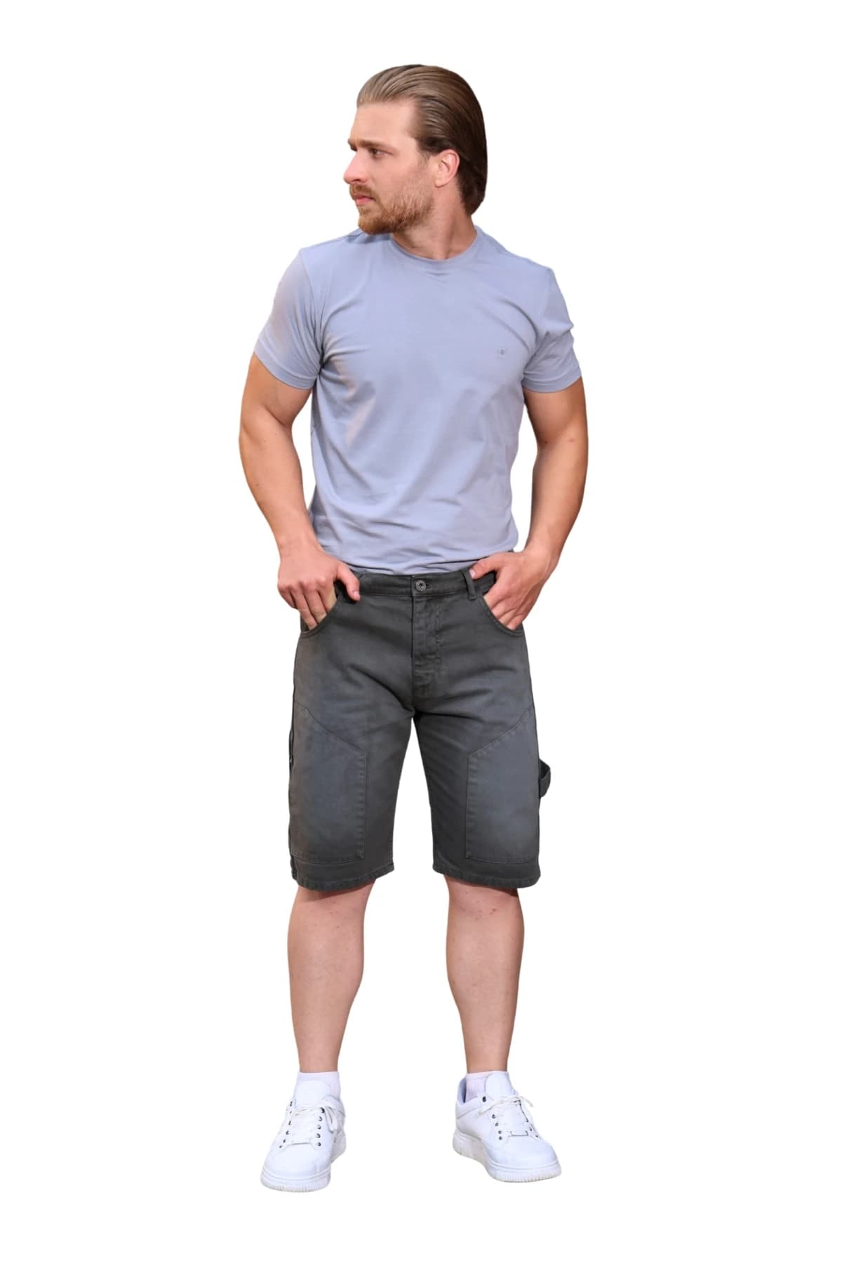 Denim Moon erkek antrasit yıkamalı dokuma şort, rahat düz kesim, modelde önden görünüm.