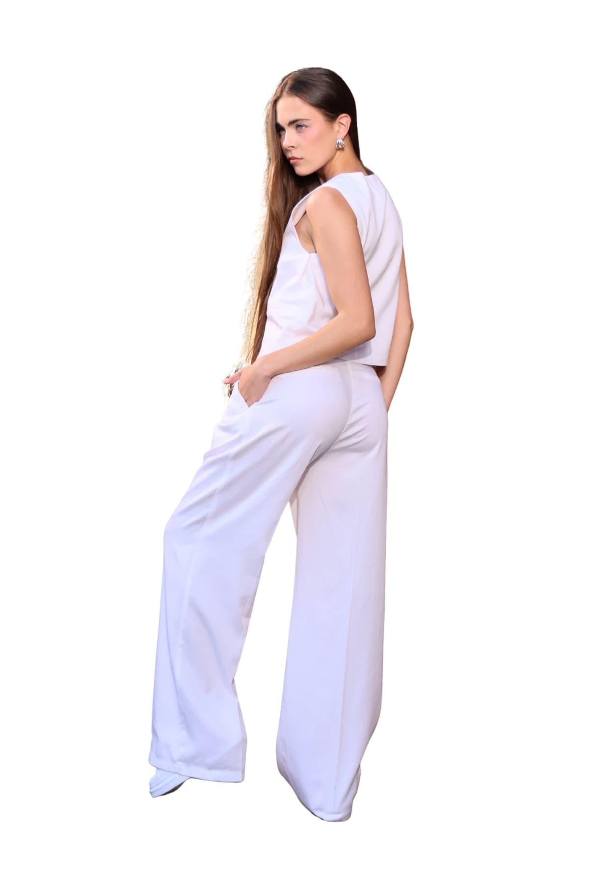 Denim Moon women's white woven vest with a sleeveless cropped cut, full-length three-quarter back view on model.