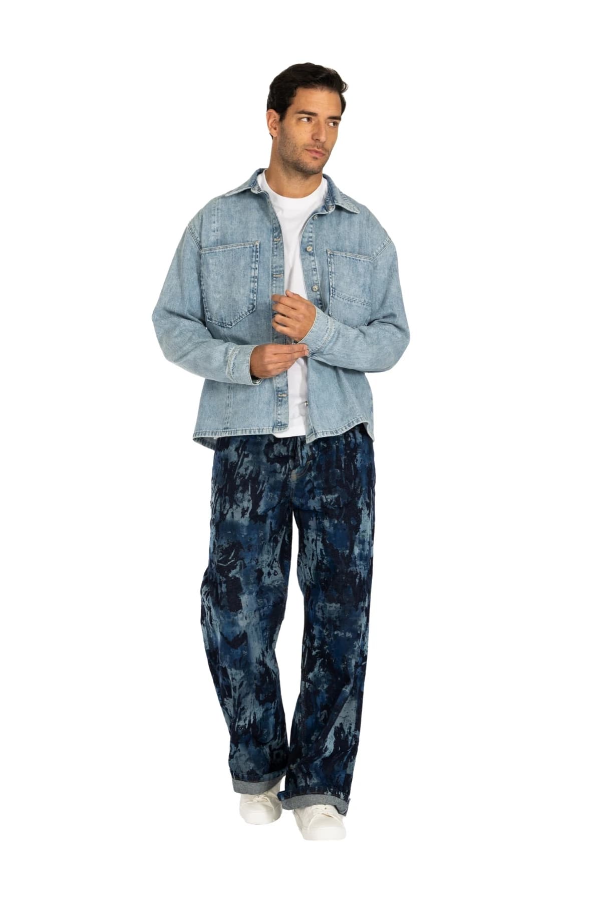 Denim Moon men's light blue denim shirt with button front and flap pocket detail, front view on model.