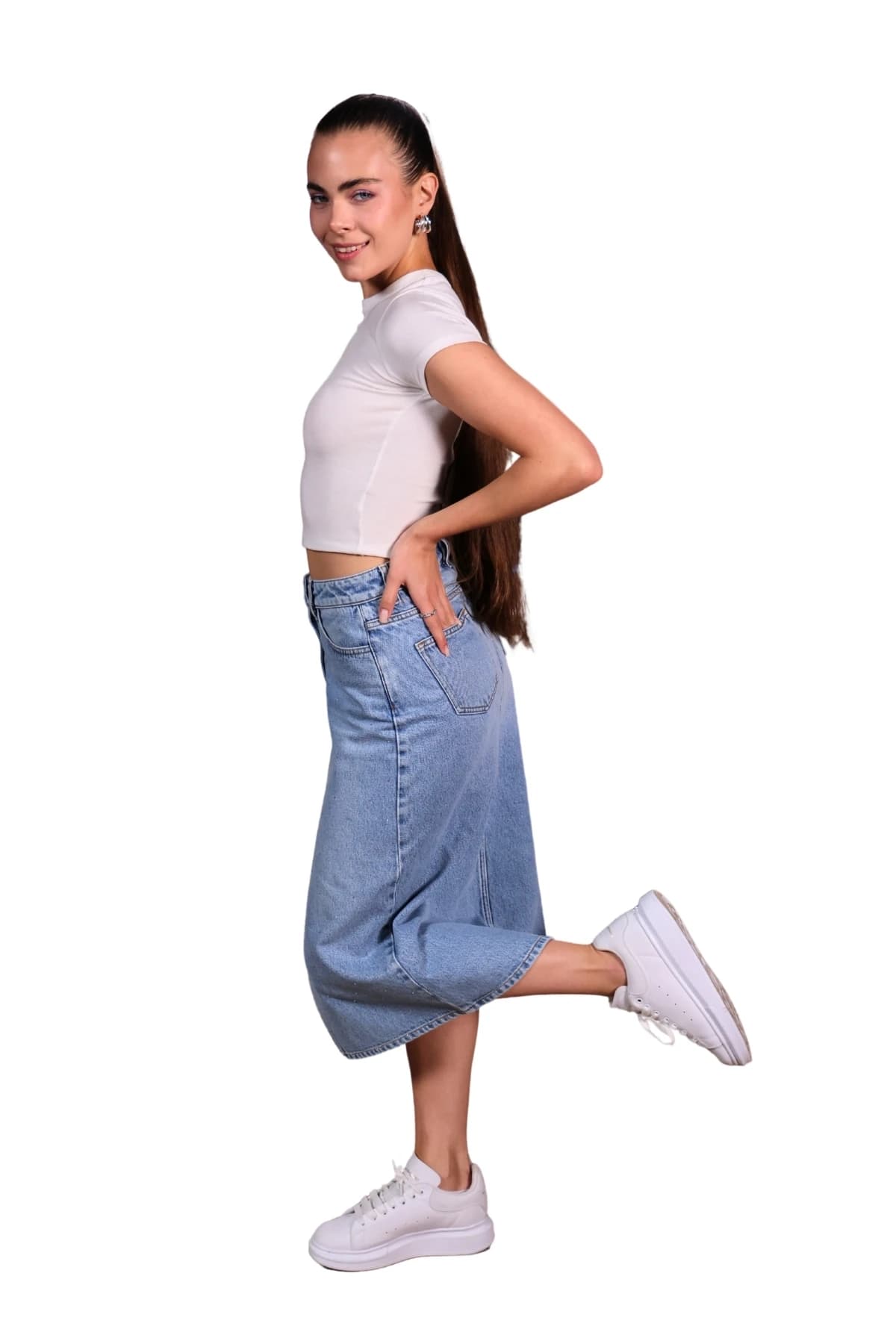 Denim Moon women's light blue midi denim skirt with five-pocket styling, full-length side view on model.