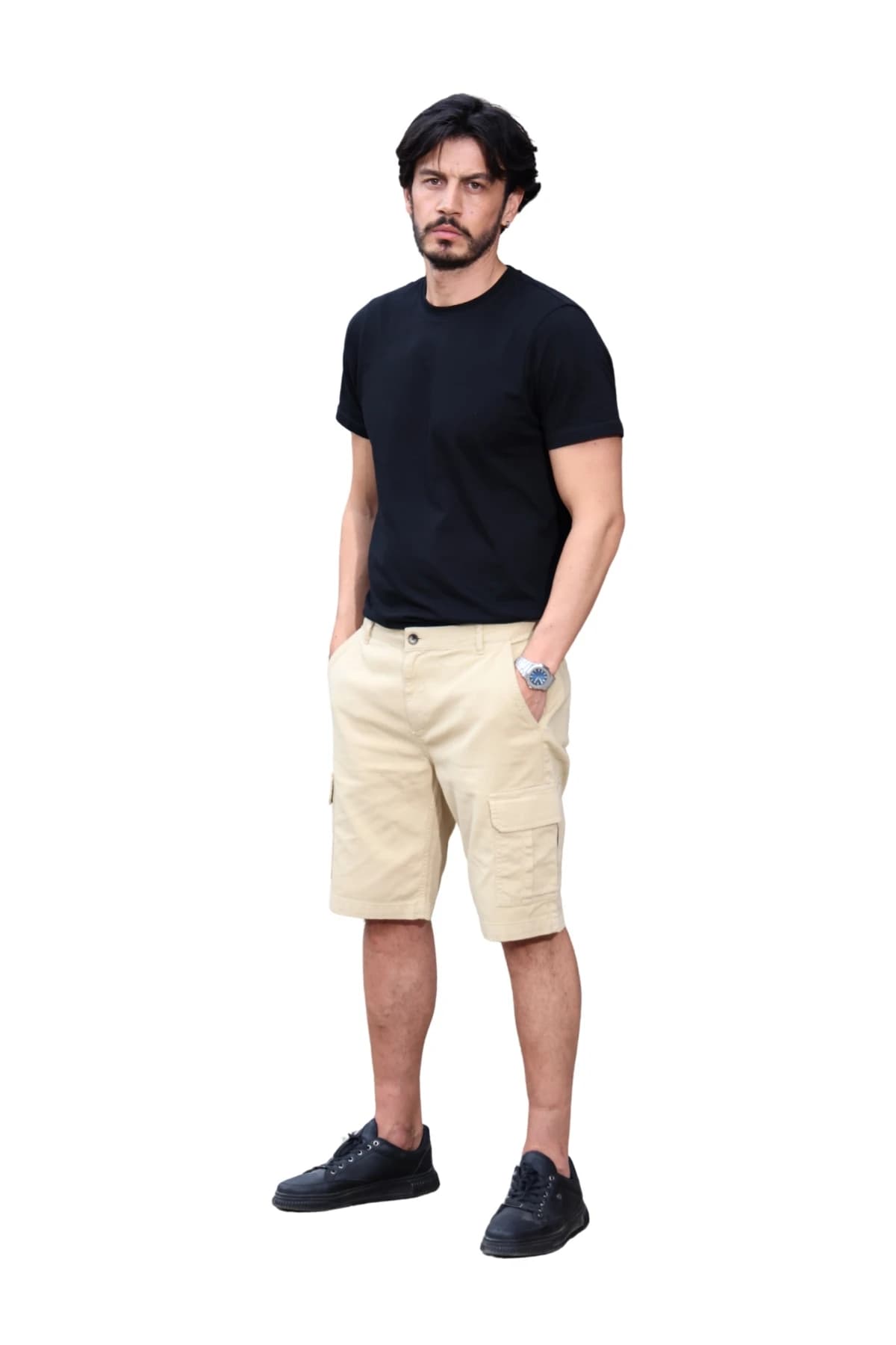 Denim Moon men's beige woven cargo shorts with side cargo pockets and knee length, front view on model.