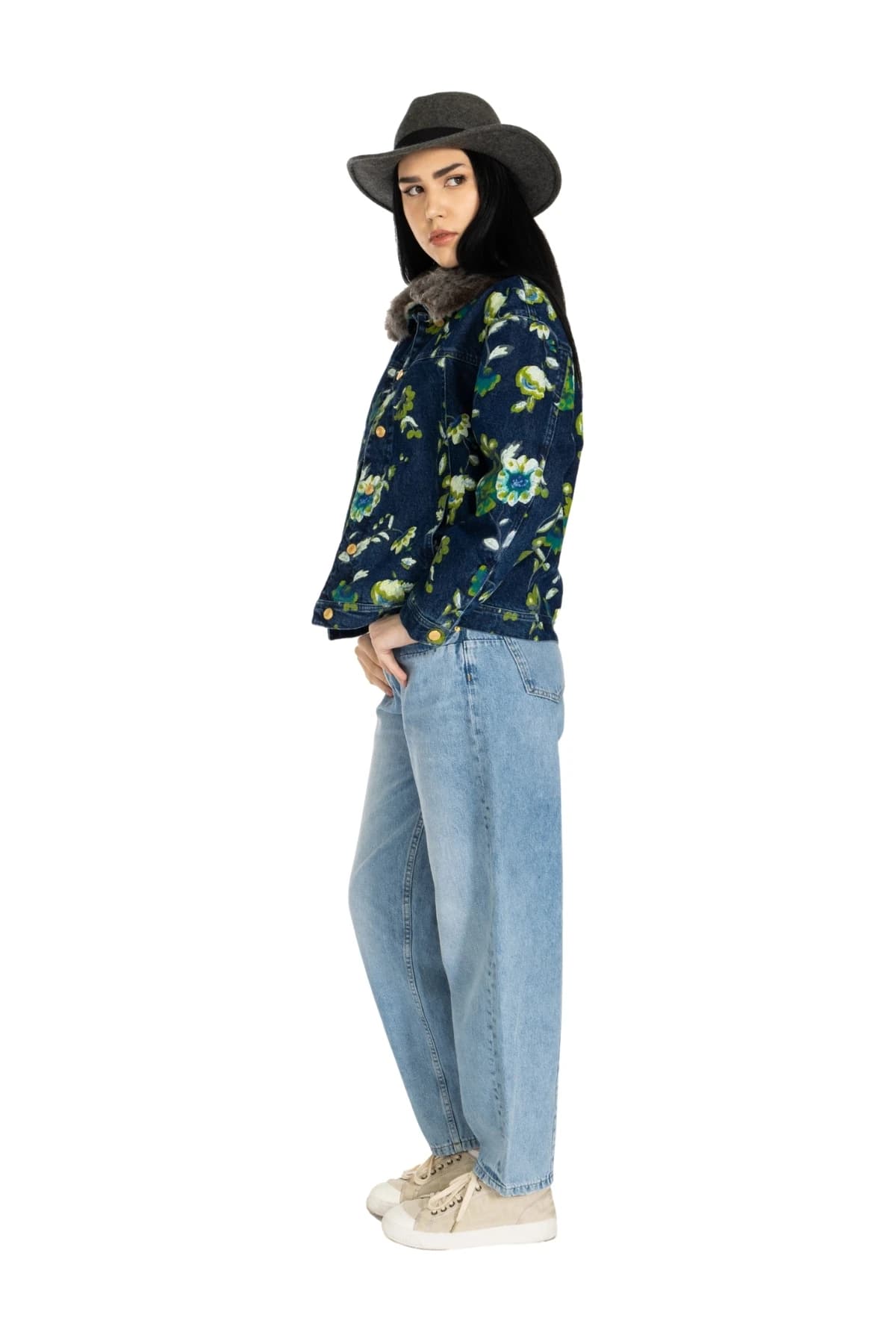 Denim Moon women's navy floral-print faux-fur collar denim jacket, full-length side view on model.