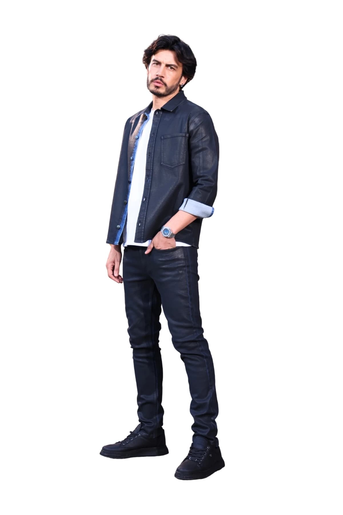 Denim Moon men's dark navy coated denim shirt with chest pocket and light blue inner cuffs, three-quarter front view on model.