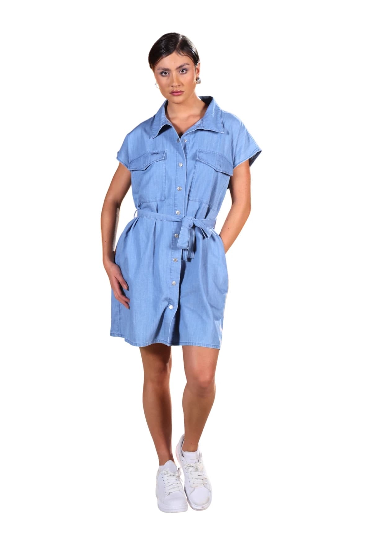 Denim Moon women's light blue denim shirt dress with short sleeves and a tie belt, full-length front view on model.