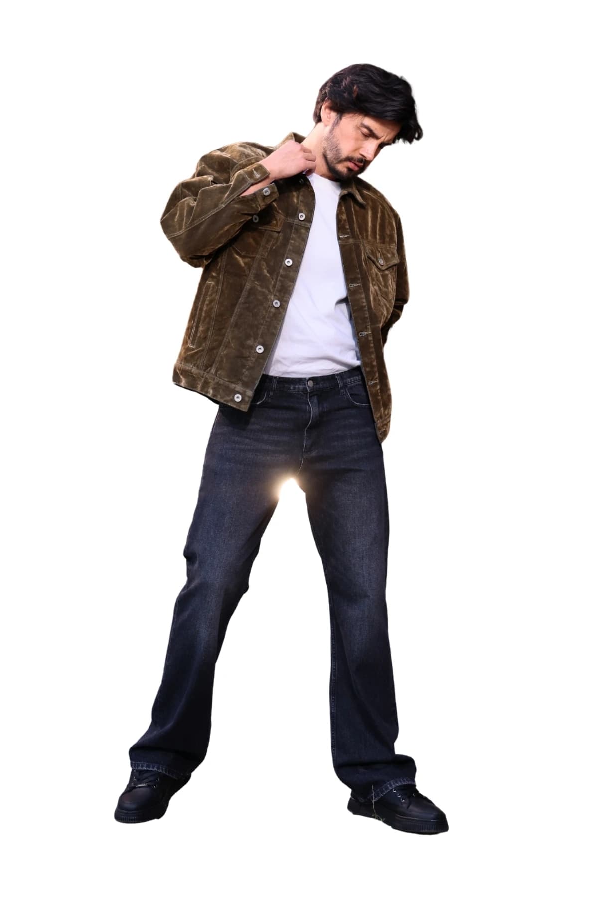 Denim Moon men's dark indigo wide straight-leg denim trousers with a relaxed fit, full-length front view on model.