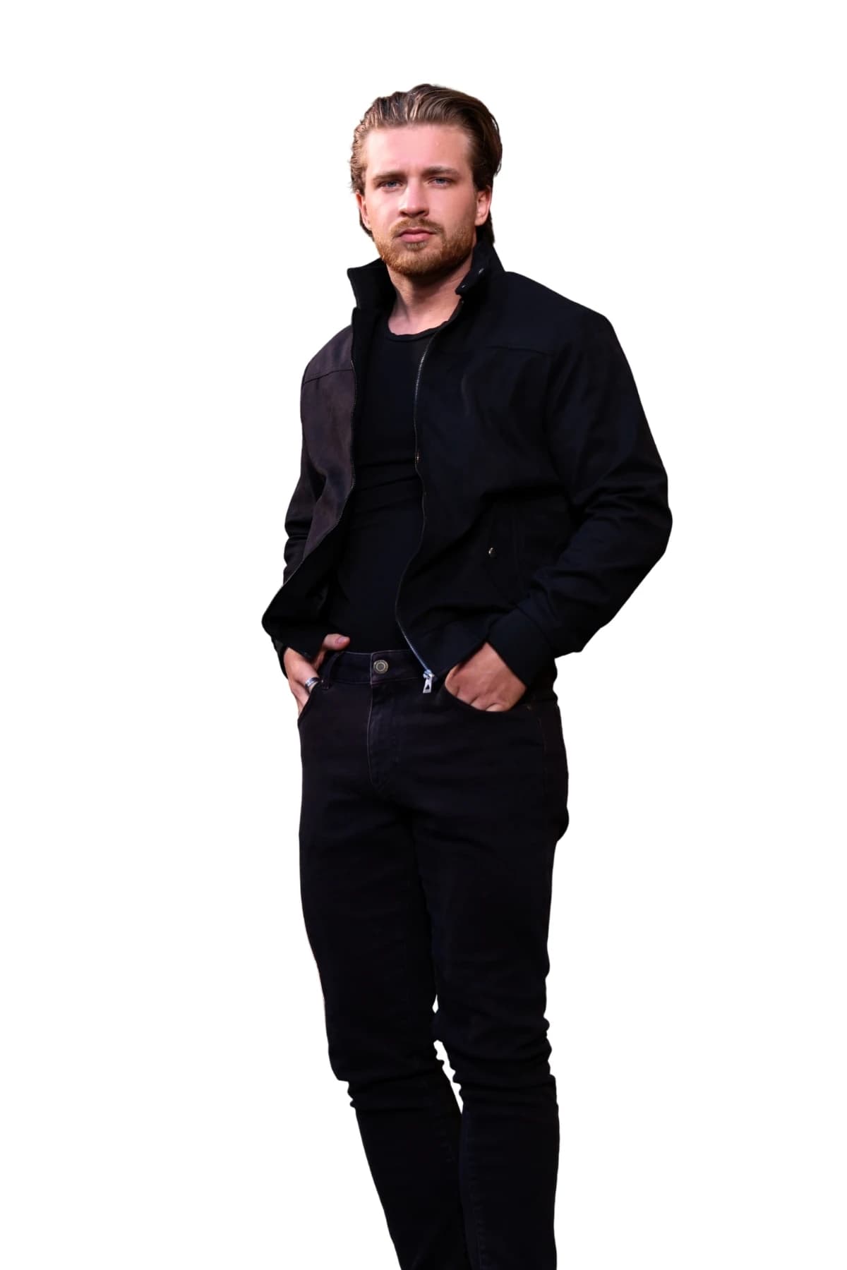 Denim Moon men's black slim-fit denim trousers with front pockets and waistband detail, front view on model.