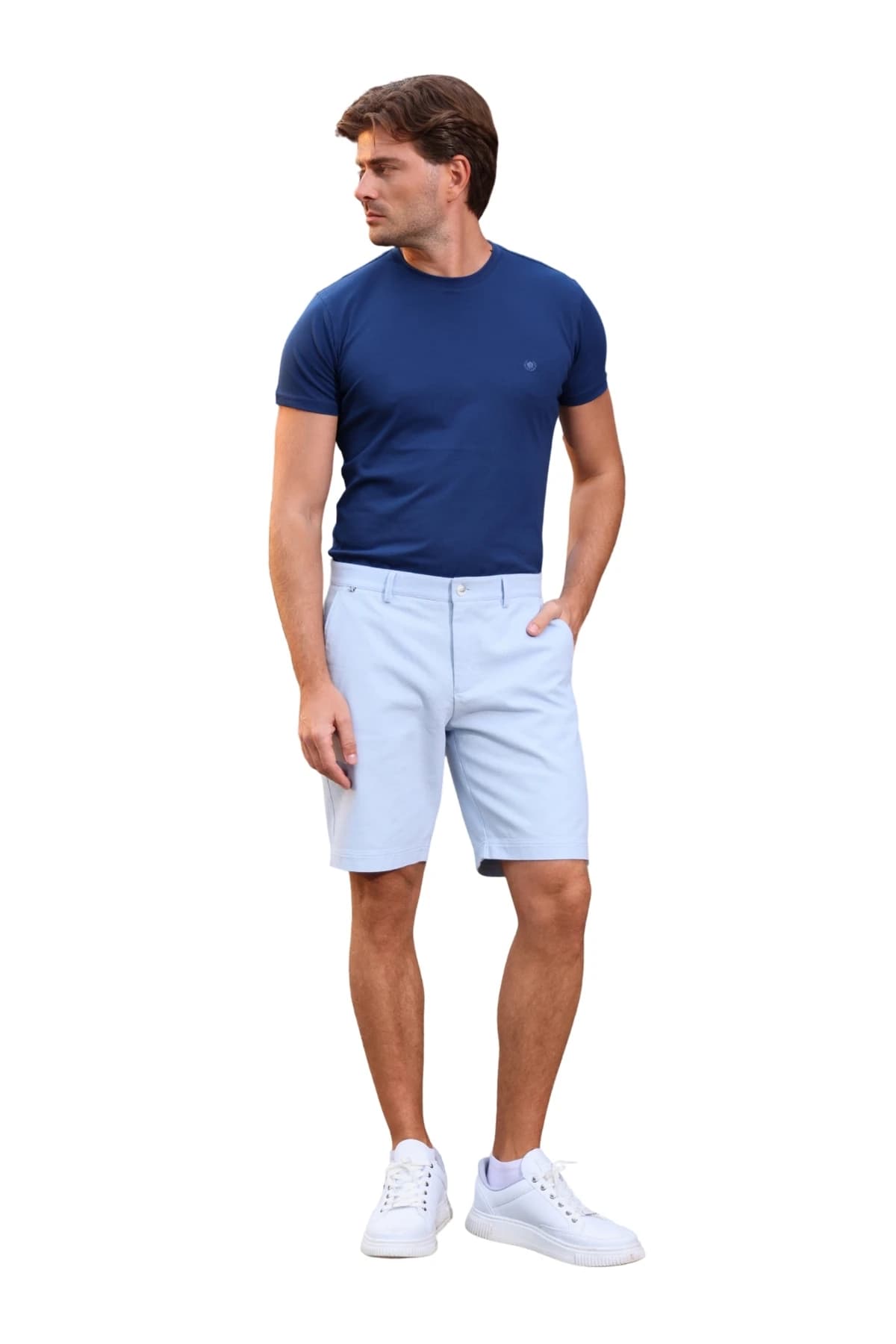 Denim Moon men's light blue woven chino shorts styled with a navy T-shirt, angled front view on model.