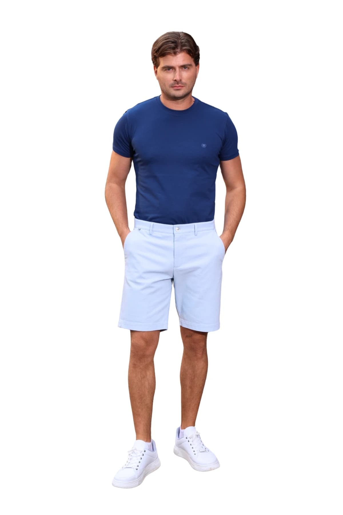Denim Moon men's light blue woven chino shorts with knee length and a straight cut, front view on model.