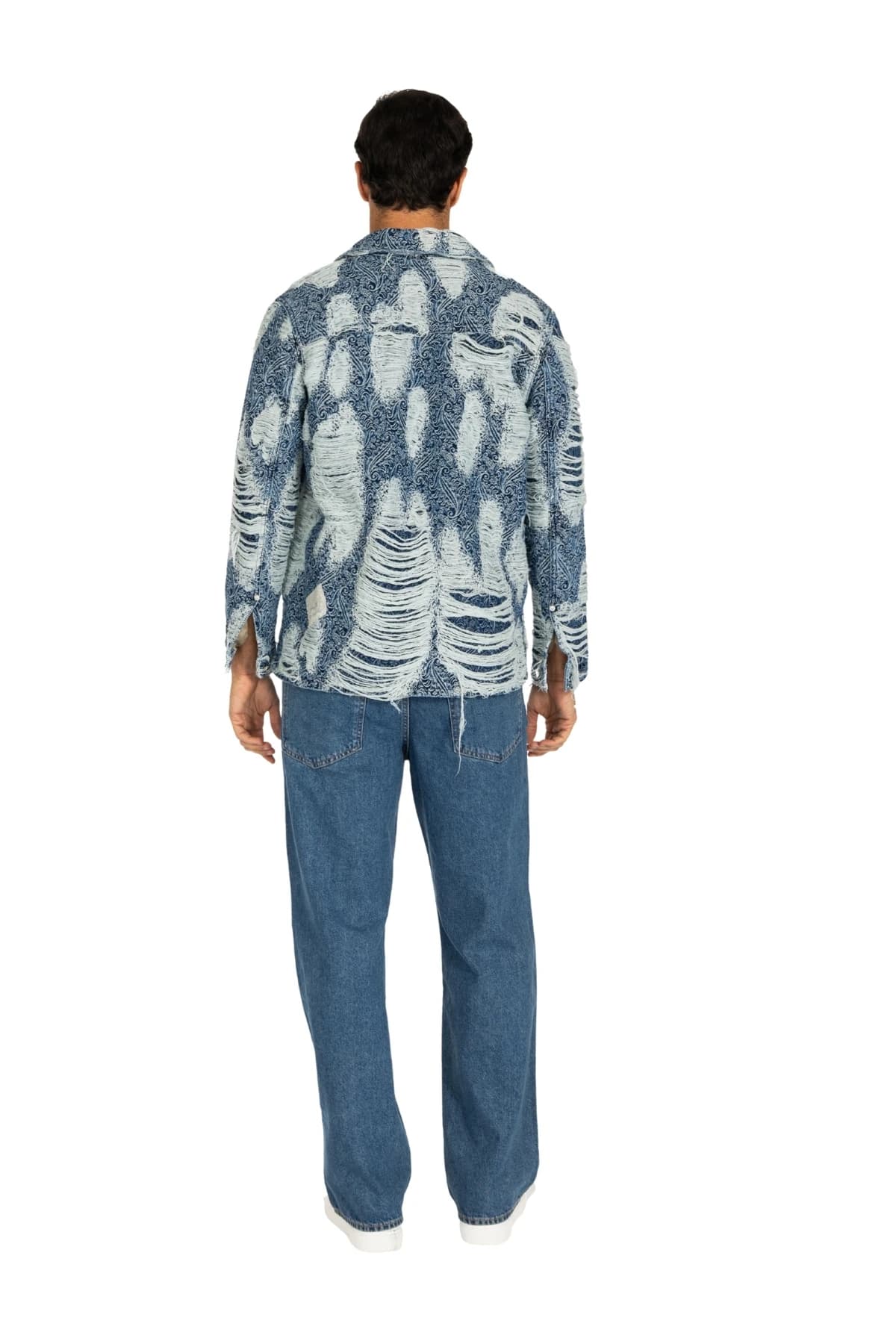 Denim Moon men's blue paisley denim shirt with distressing across the back, back view on model.