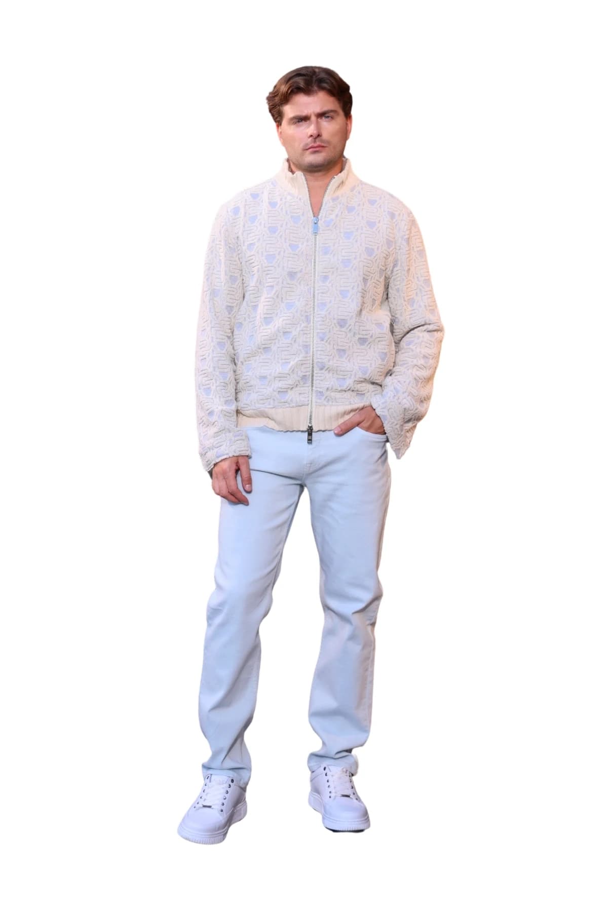 Denim Moon men's ice blue straight-leg woven trousers with a relaxed fit, full-length front view on model.