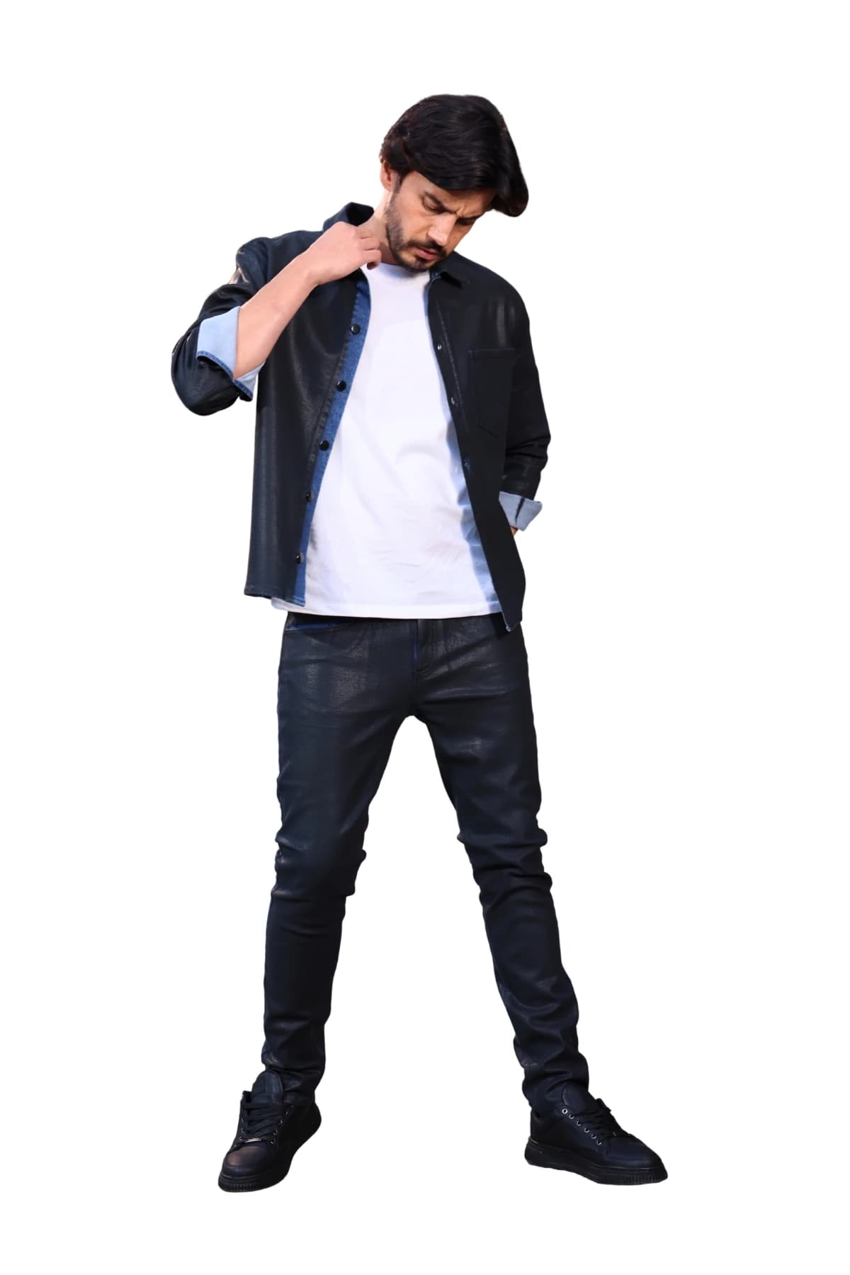 Denim Moon men's dark navy coated denim shirt with classic collar and rolled sleeves, full-length front view on model.