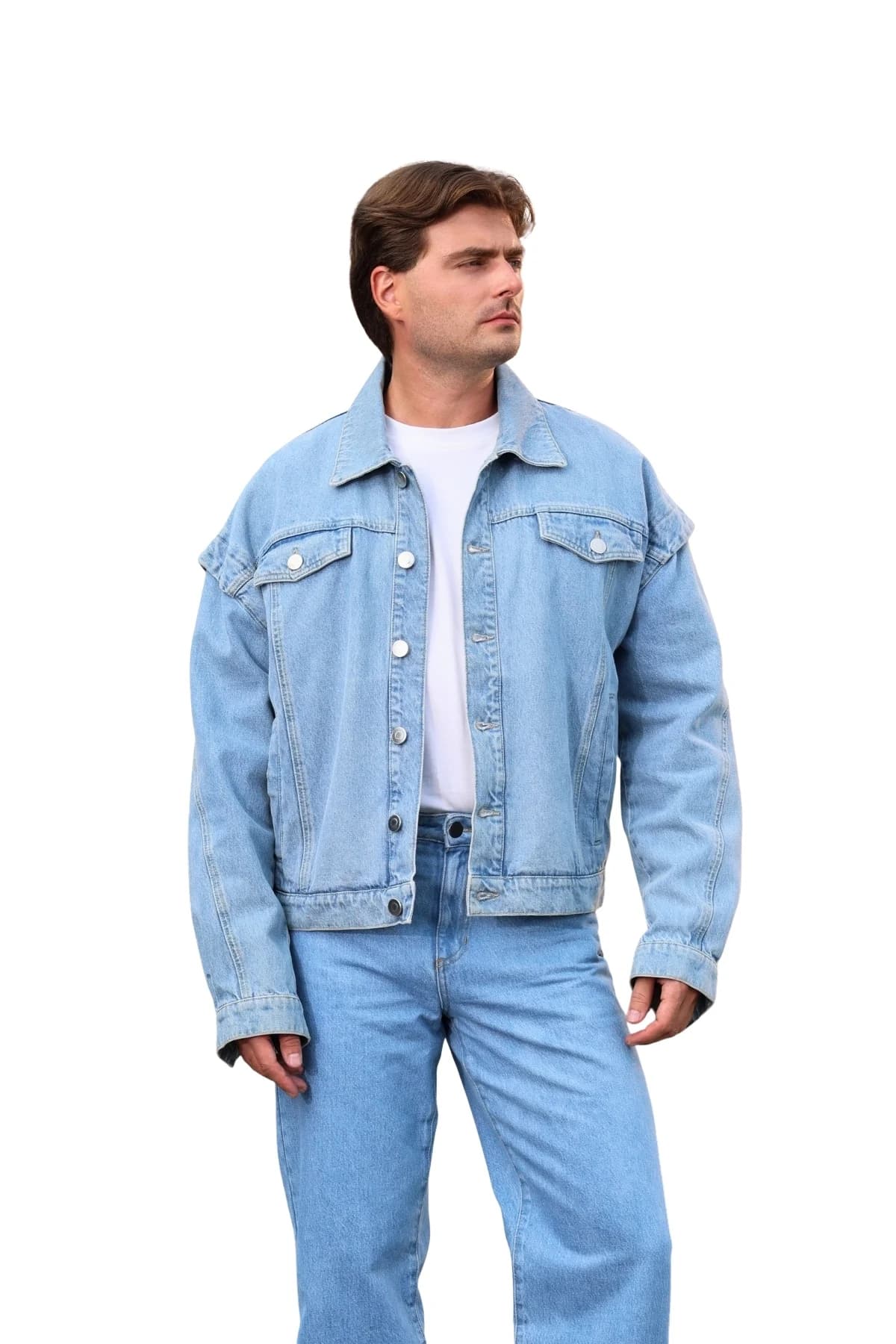 Denim Moon men's light blue straight-leg denim trousers with five-pocket styling, front view on model.