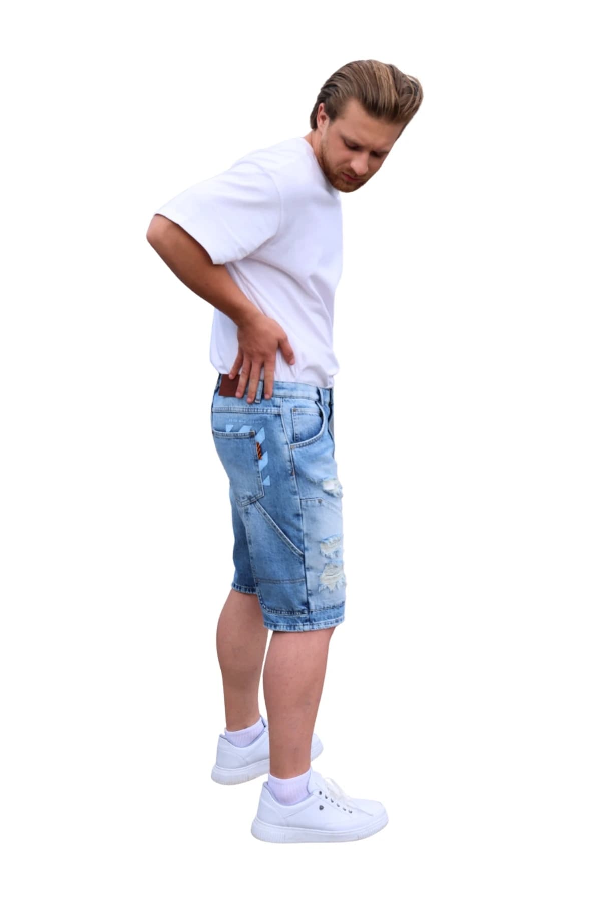 Denim Moon men's light blue ripped denim shorts with side pocket and distressed detail, side view on model.