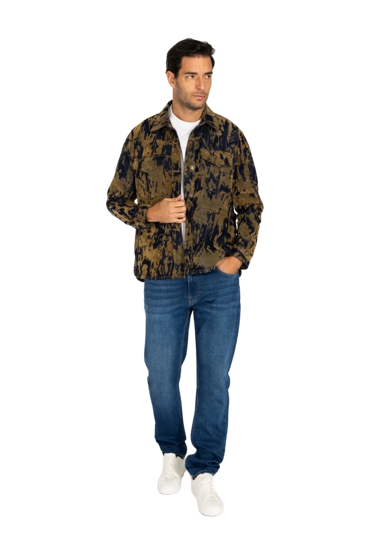 Denim Moon men's dark blue denim trousers styled with a patterned shirt, front view on model.