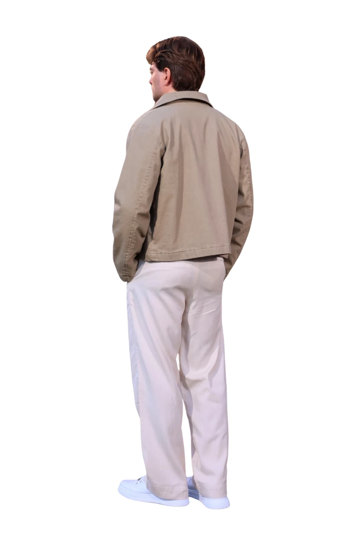 Denim Moon men's stone wide straight-leg woven trousers with back fit and straight cut, full-length back view on model.