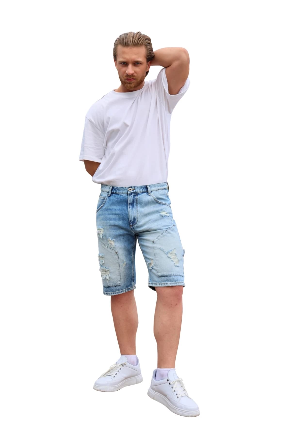 Denim Moon men's light blue ripped denim shorts with a knee-length straight cut, front view on model.