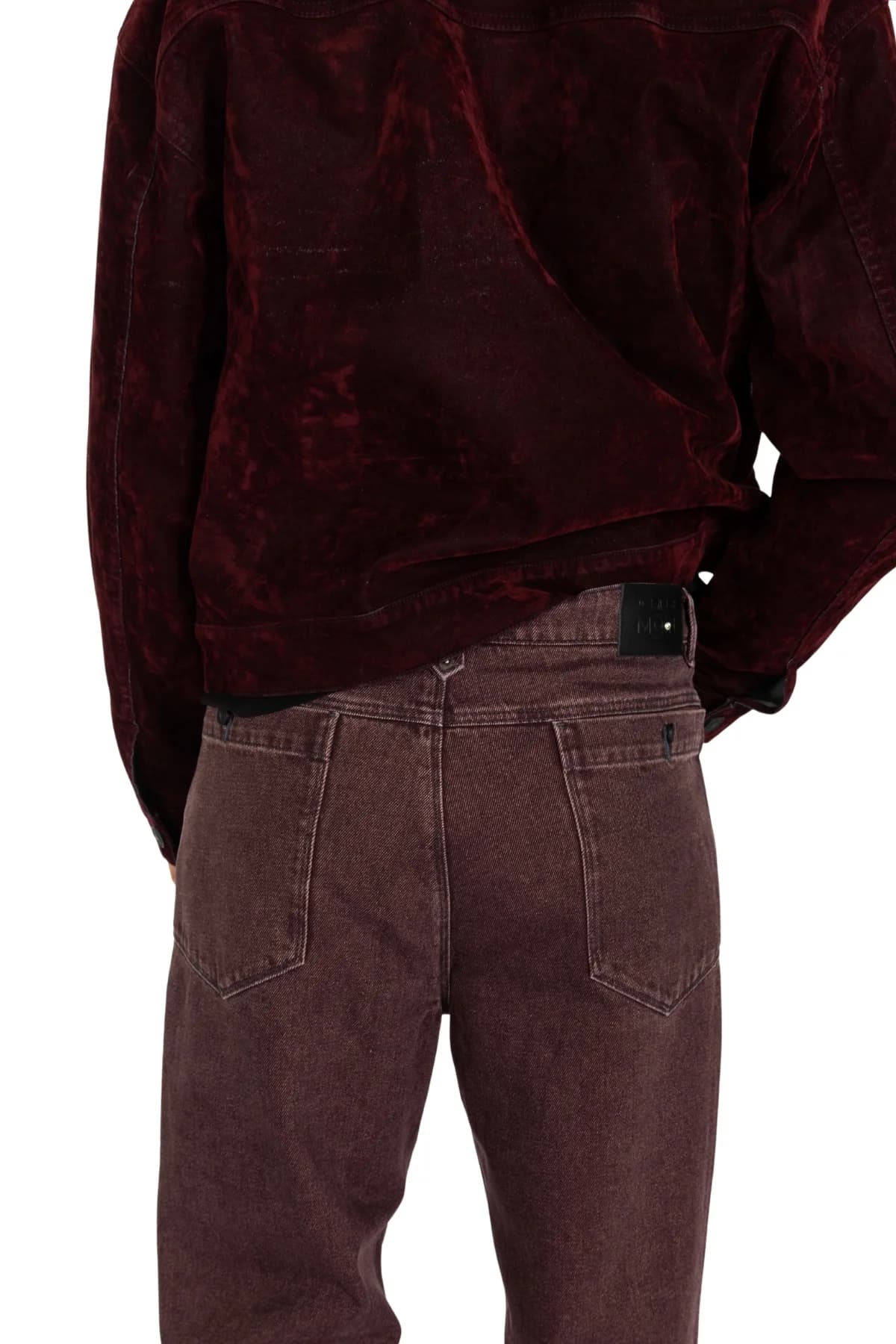 Denim Moon men's burgundy woven jacket with textured surface and hem detail, close-up back view on model.