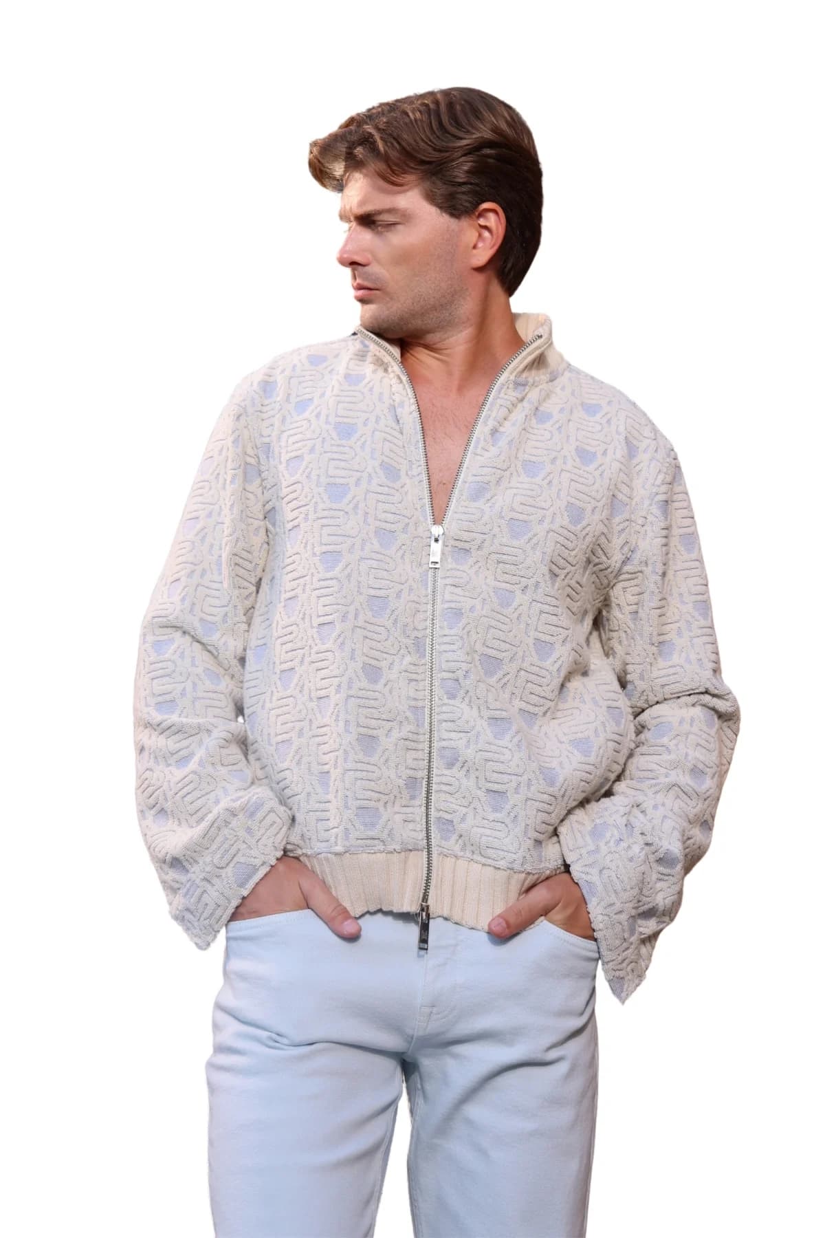 Denim Moon men's cream patterned woven jacket with textured surface and zip detail, front view on model.