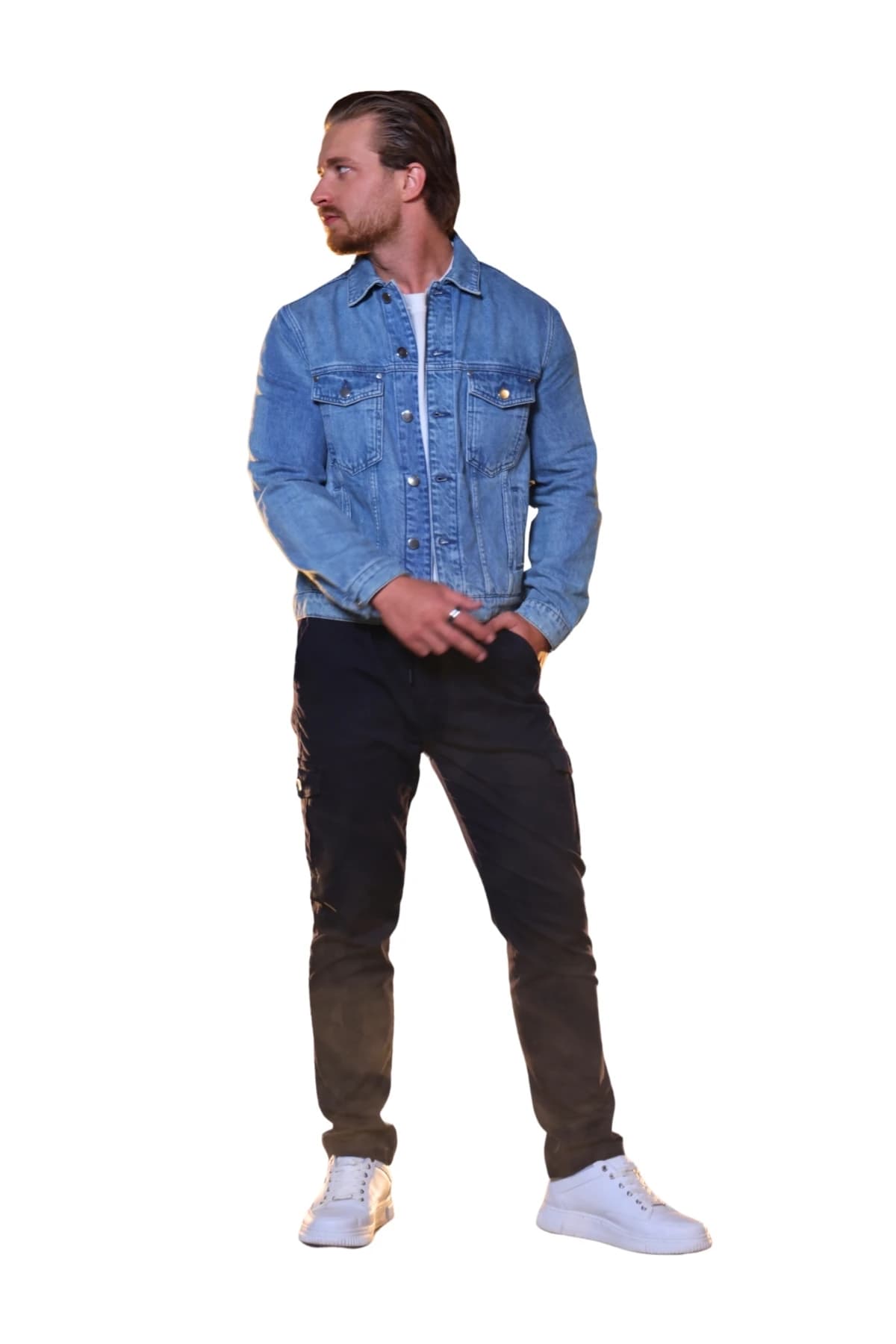 Denim Moon men's light blue denim jacket with a classic cut and flap pocket detail, front view on model.