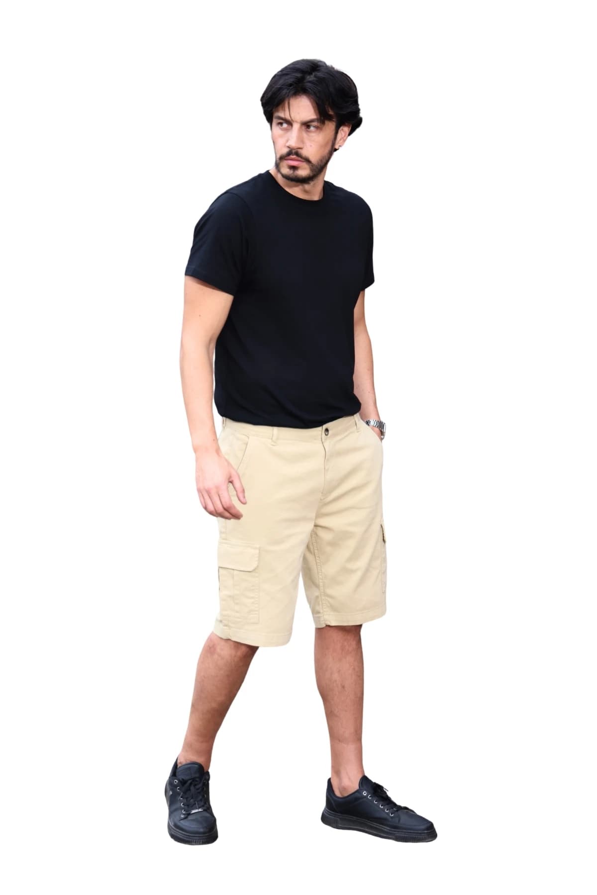 Denim Moon erkek bej dokuma kargo şort, rahat düz kesim, modelde önden açılı görünüm.
