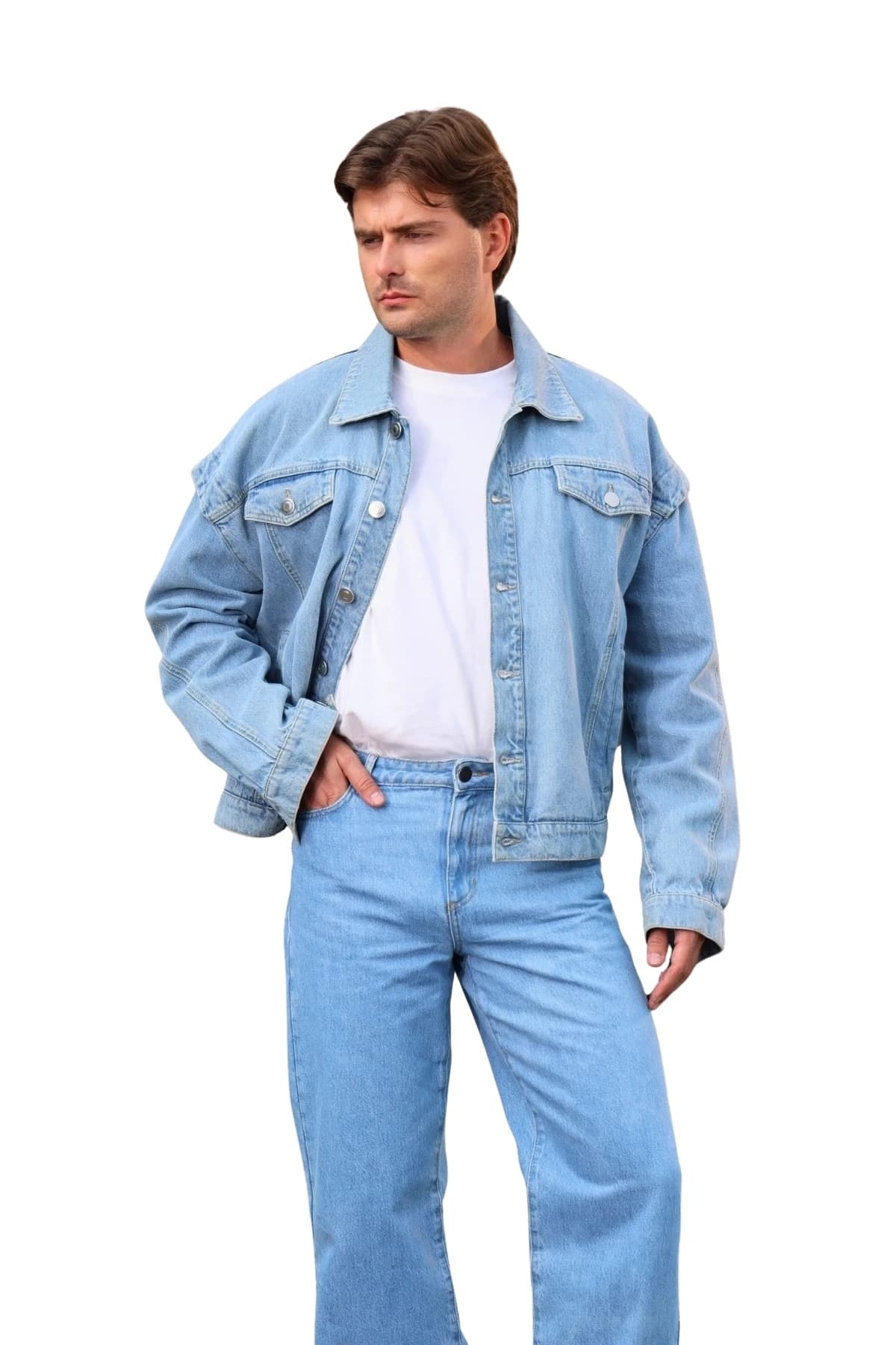 Denim Moon men's light blue straight-leg denim trousers with front pockets and a relaxed fit, three-quarter front view on model.