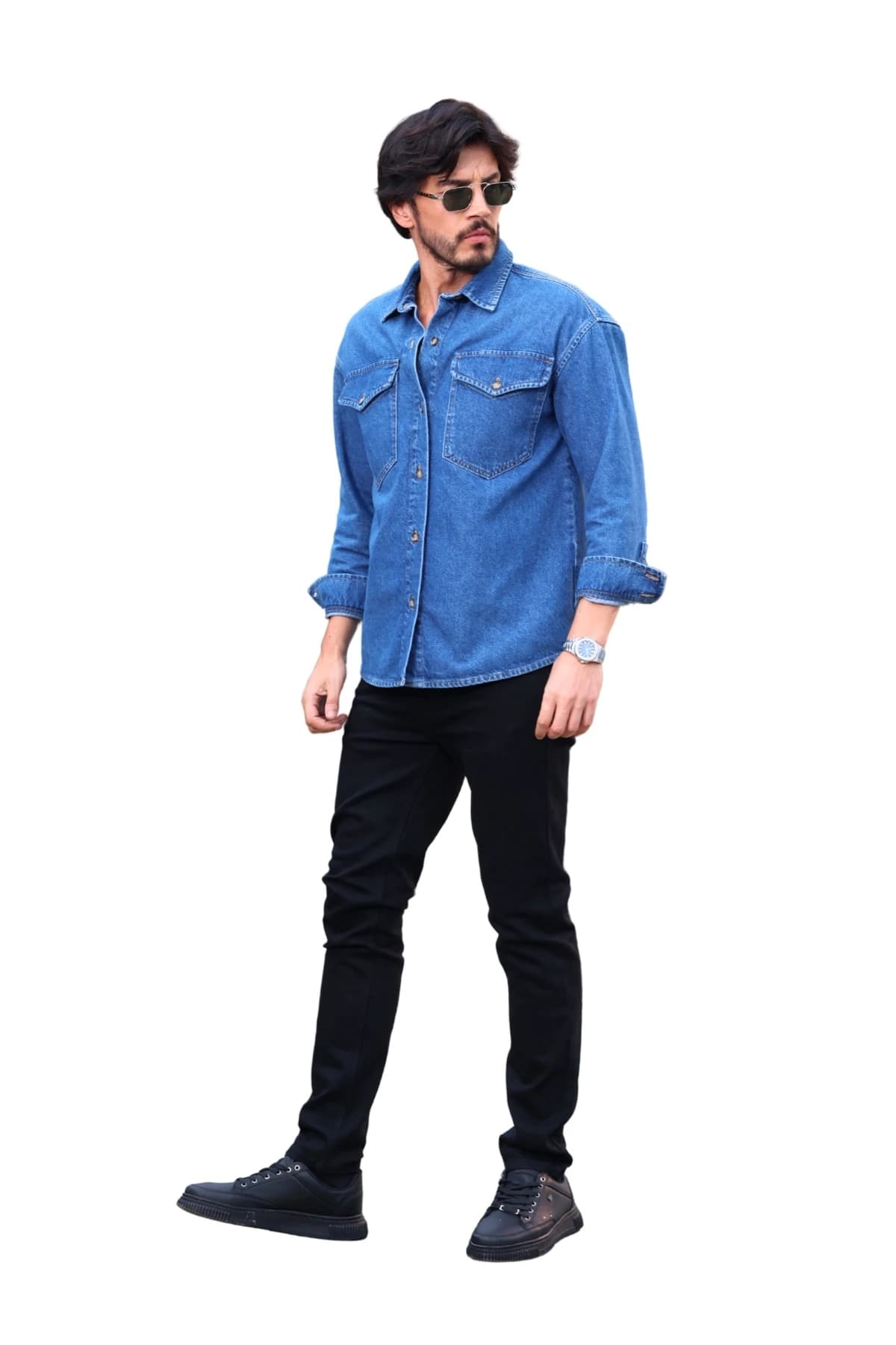 Denim Moon men's blue denim shirt with flap pocket and cuff detail, close-up front view on model.