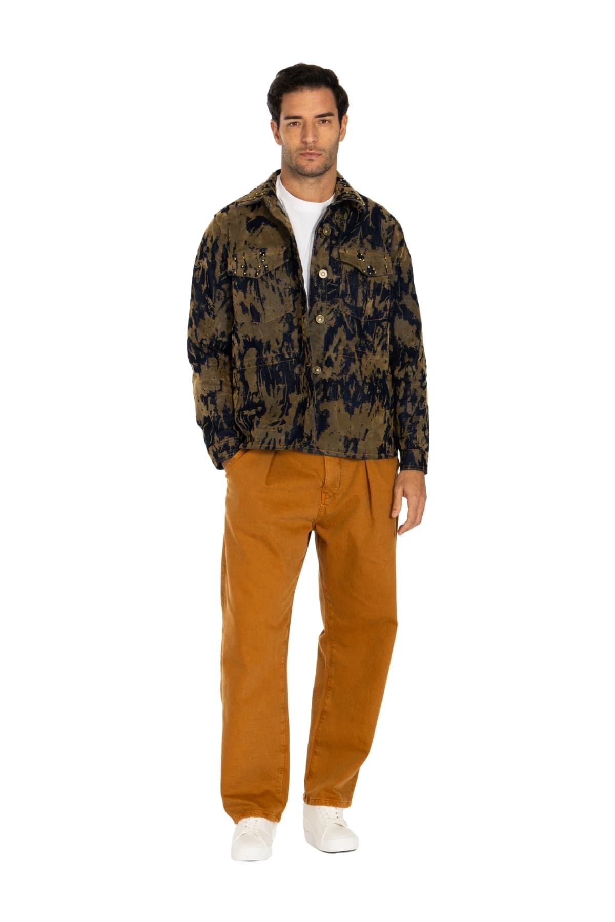 Denim Moon men's khaki-navy abstract-pattern denim jacket with flap chest pockets, full-length front view on model.