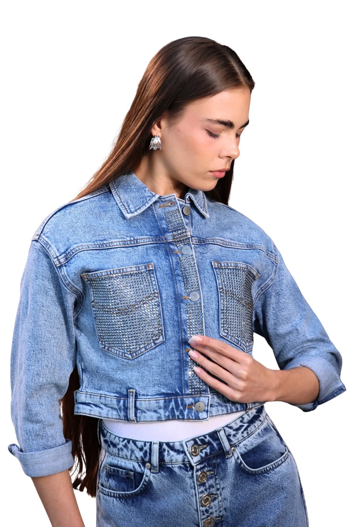 Denim Moon women's mid blue cropped denim jacket, front close-up of rhinestone chest pocket and button detail.