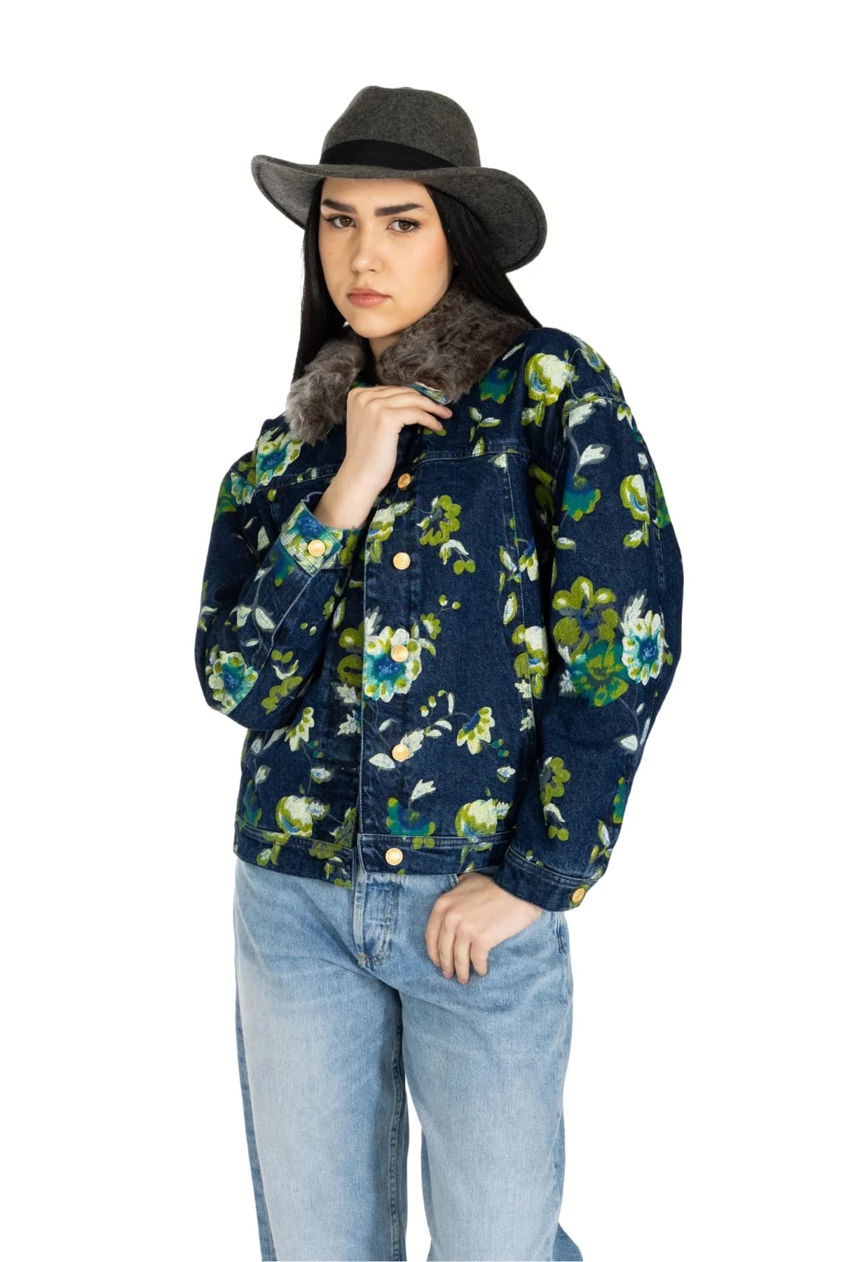 Denim Moon women's navy floral-print denim jacket with faux-fur collar and metal buttons, front view on model.