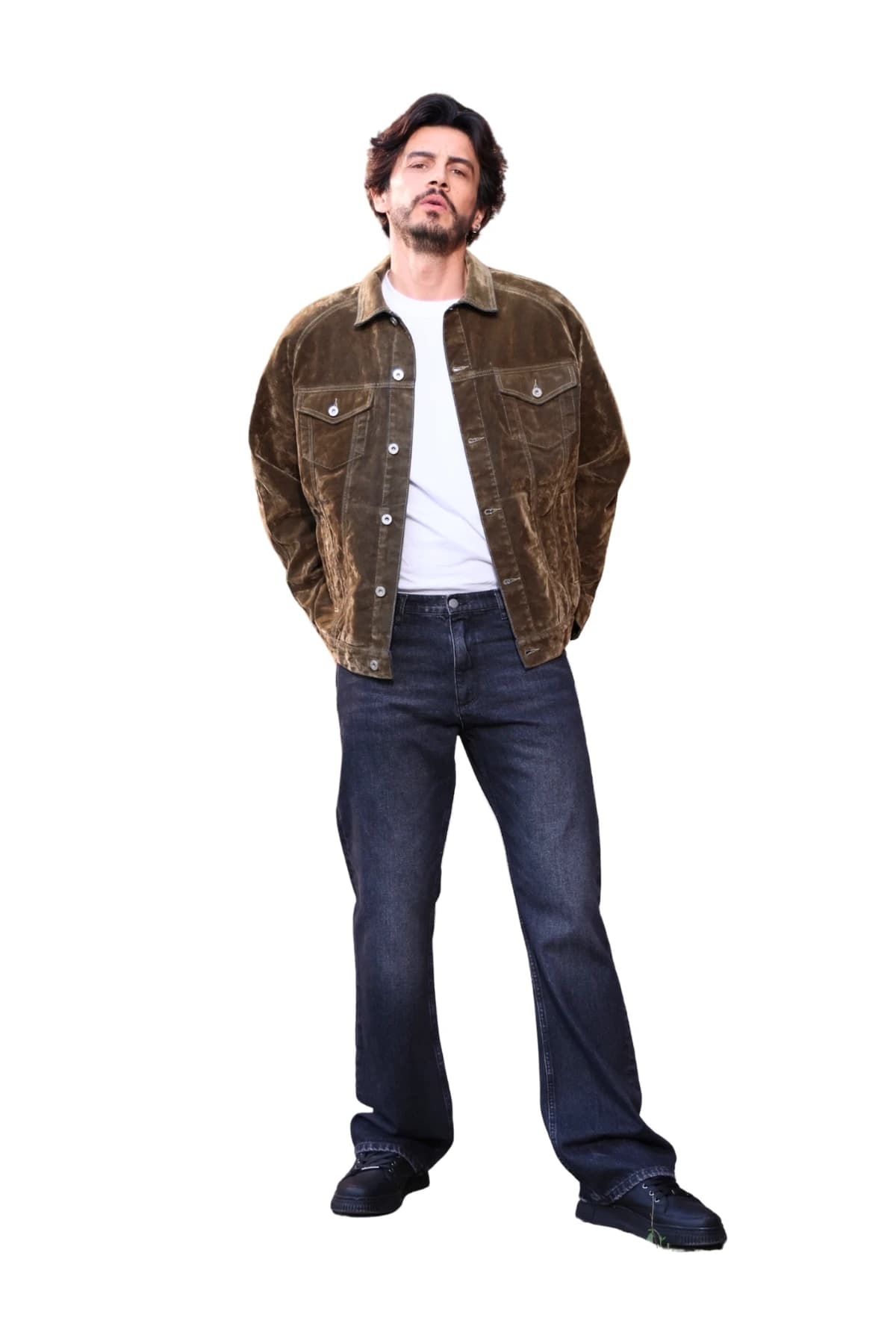 Denim Moon men's khaki green velvet jacket with buttoned flap chest pockets, full-length front view on model.