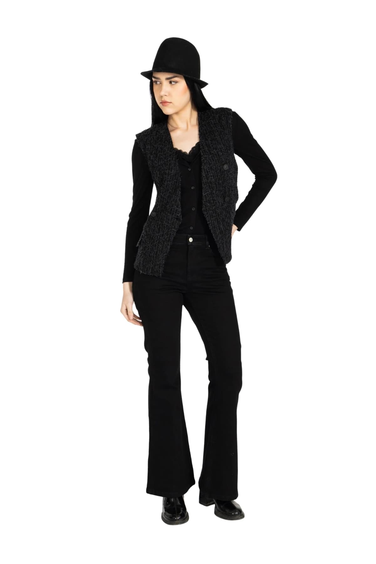 Denim Moon women's black tweed woven vest with a fitted cut, full-length three-quarter front view on model.