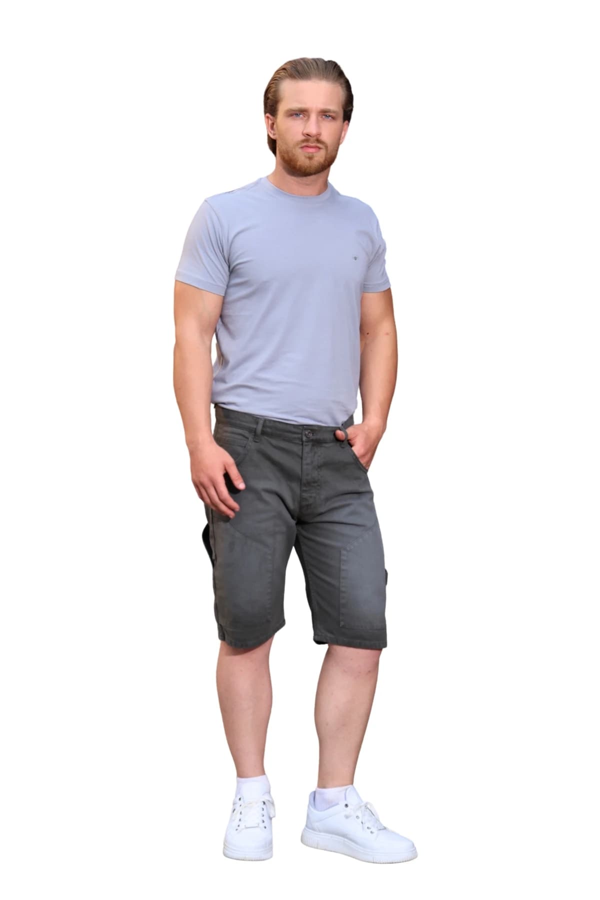 Denim Moon erkek antrasit yıkamalı dokuma şort, yan cep detayı ve diz üstü boy, modelde önden görünüm.