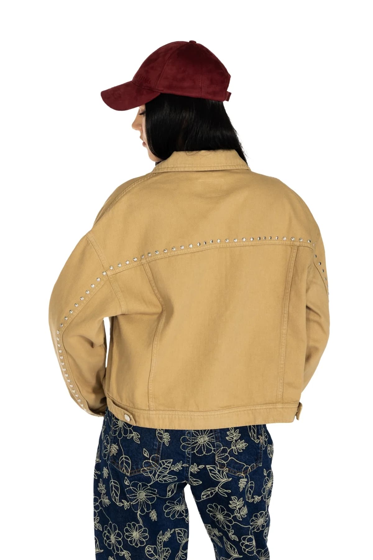 Denim Moon women's camel oversized woven jacket with studded back yoke and buttoned waistband, back view on model.